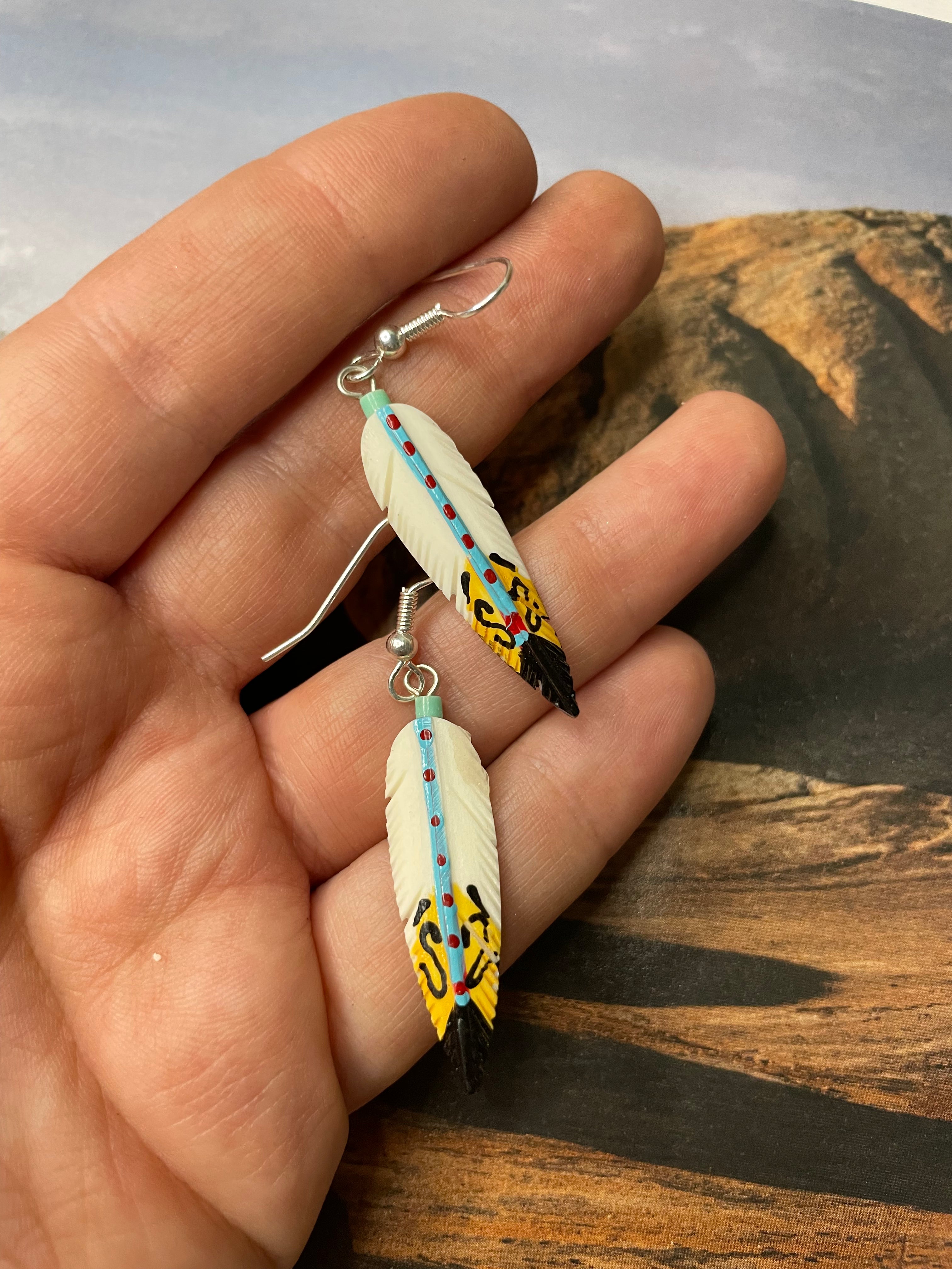 Handcrafted Feather Turquoise Sterling Silver Dangle Earrings
