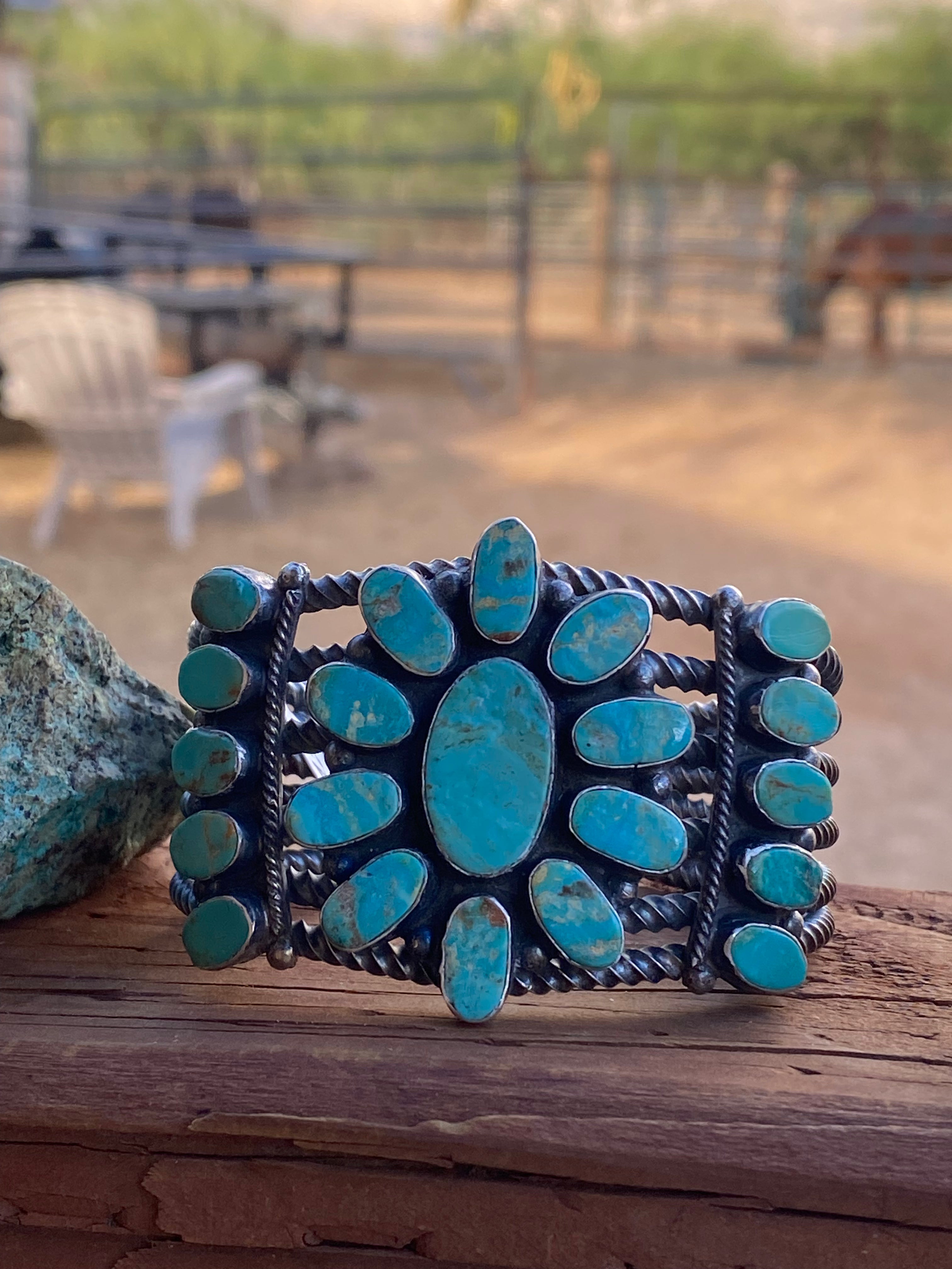 Navajo Jacqueline Silver Royston Turquoise & Sterling Cluster Cuff /