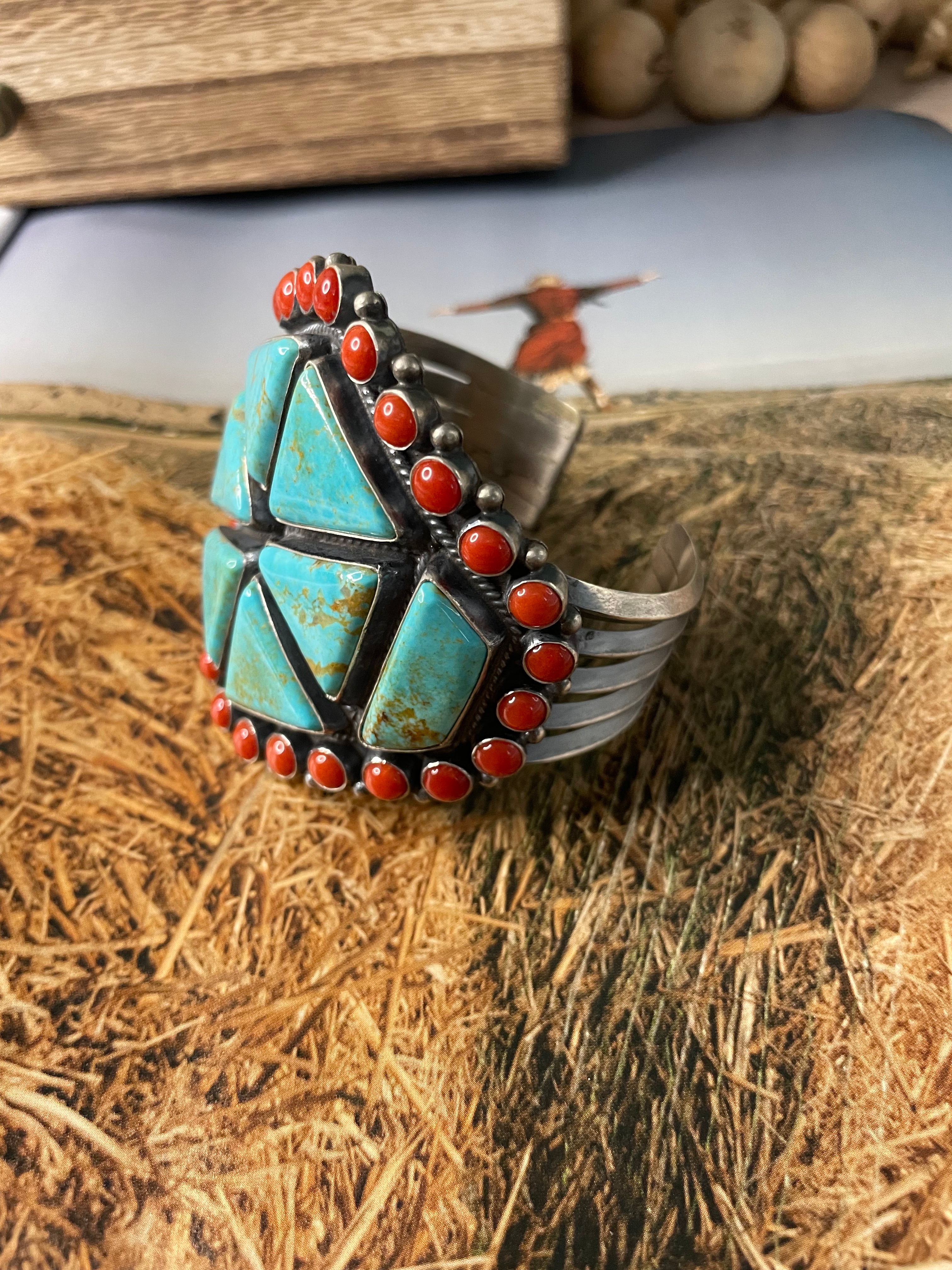 Anthony Skeets Handcrafted Turquoise, Coral & Sterling Silver Cuff Bracelet Signed /