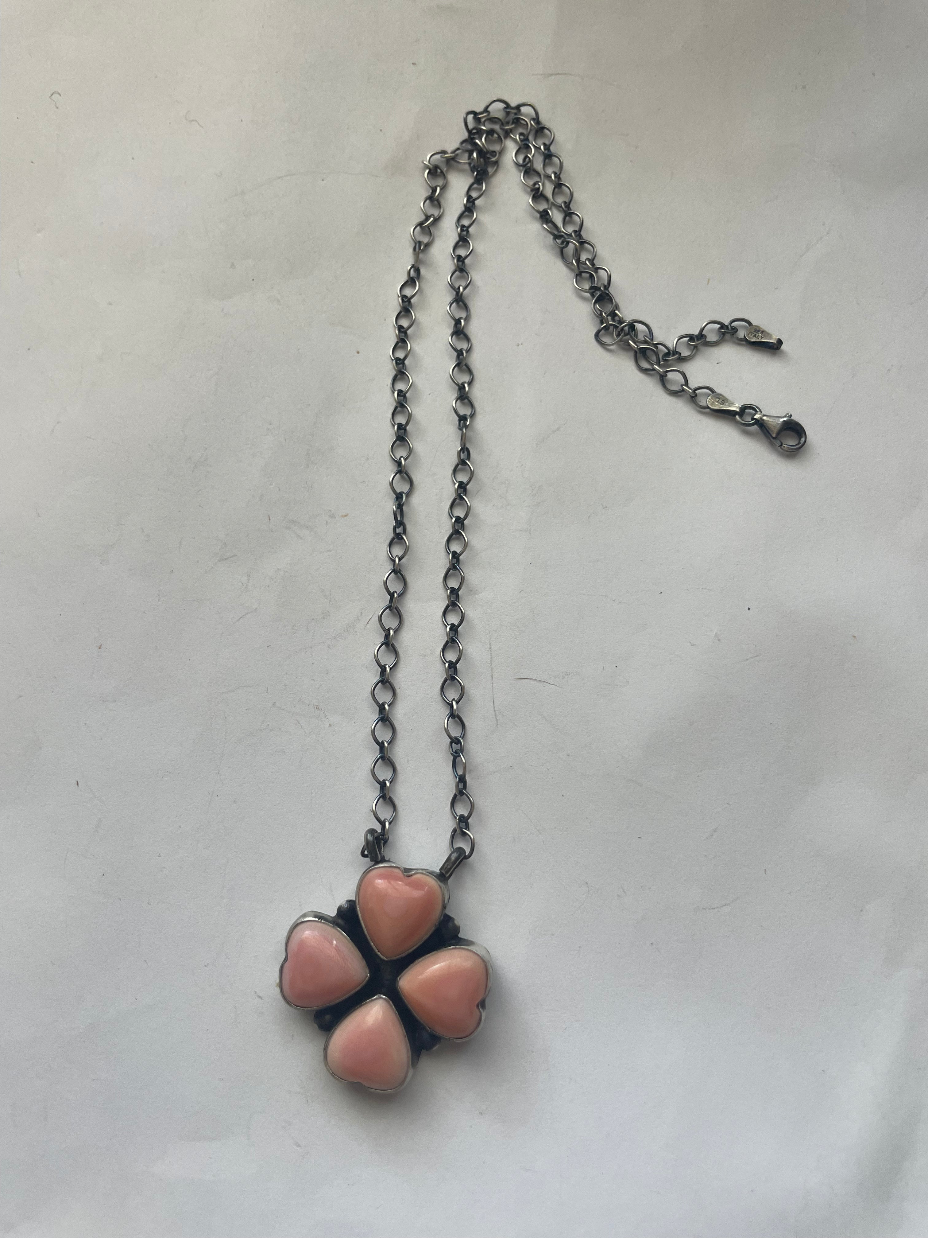 Handcrafted Queen Pink Conch Shell And Sterling Silver Heart Necklace Signed