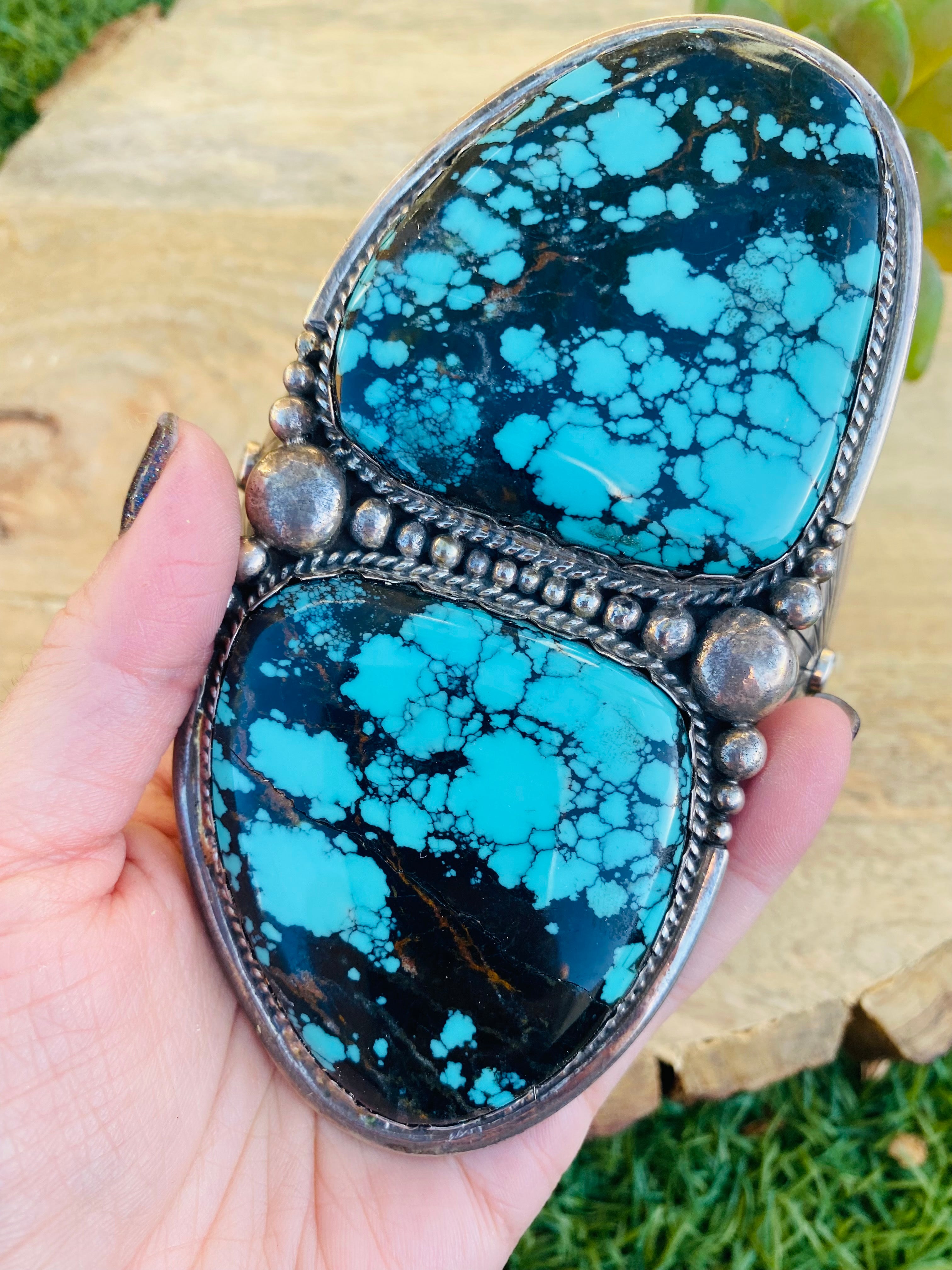 Handcrafted Incredible Vintage Turquoise & Sterling Silver Jumbo Cuff Bracelet /