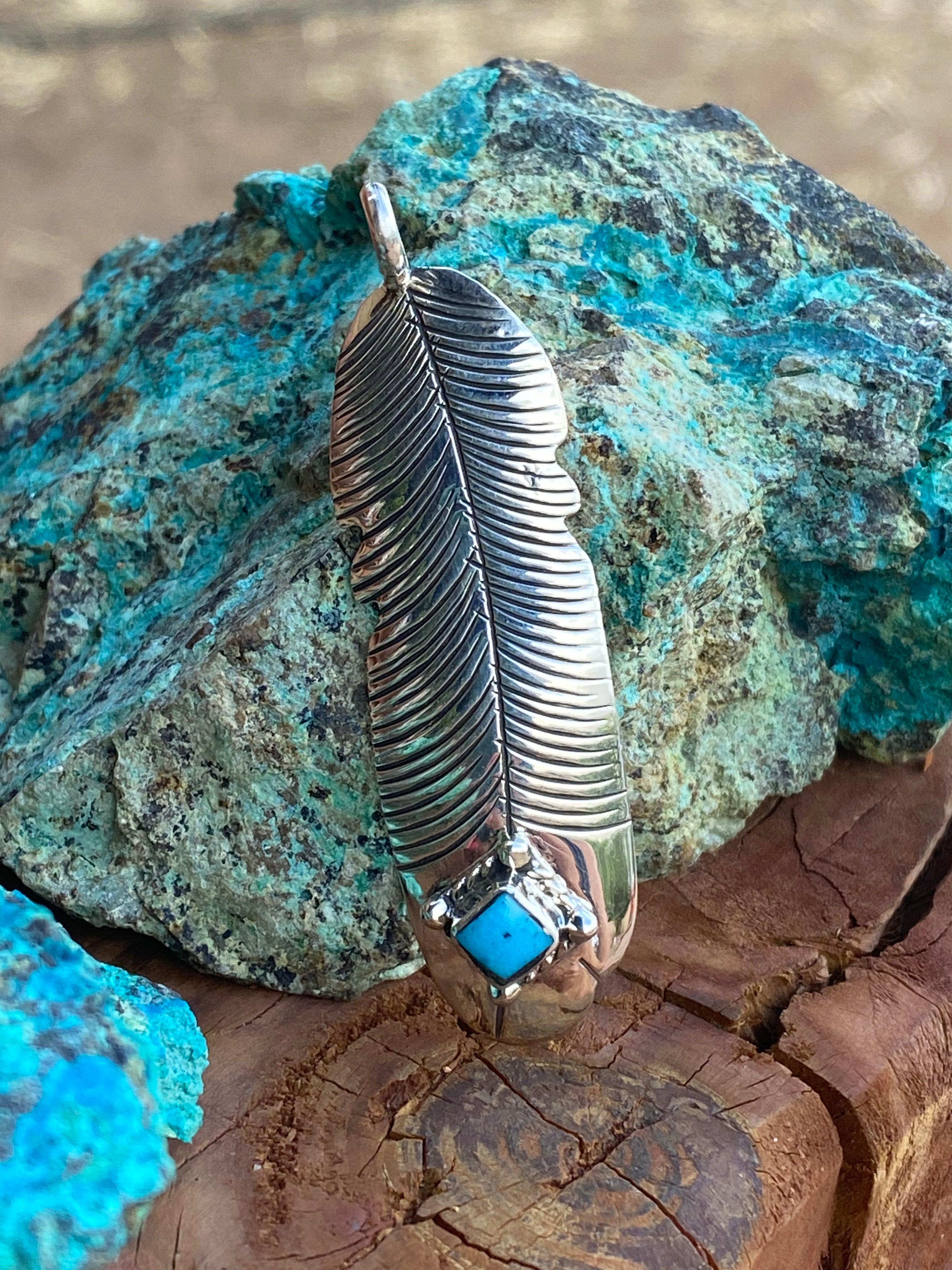 Handcrafted Kingman Turquoise & Sterling Silver Feather Pendant