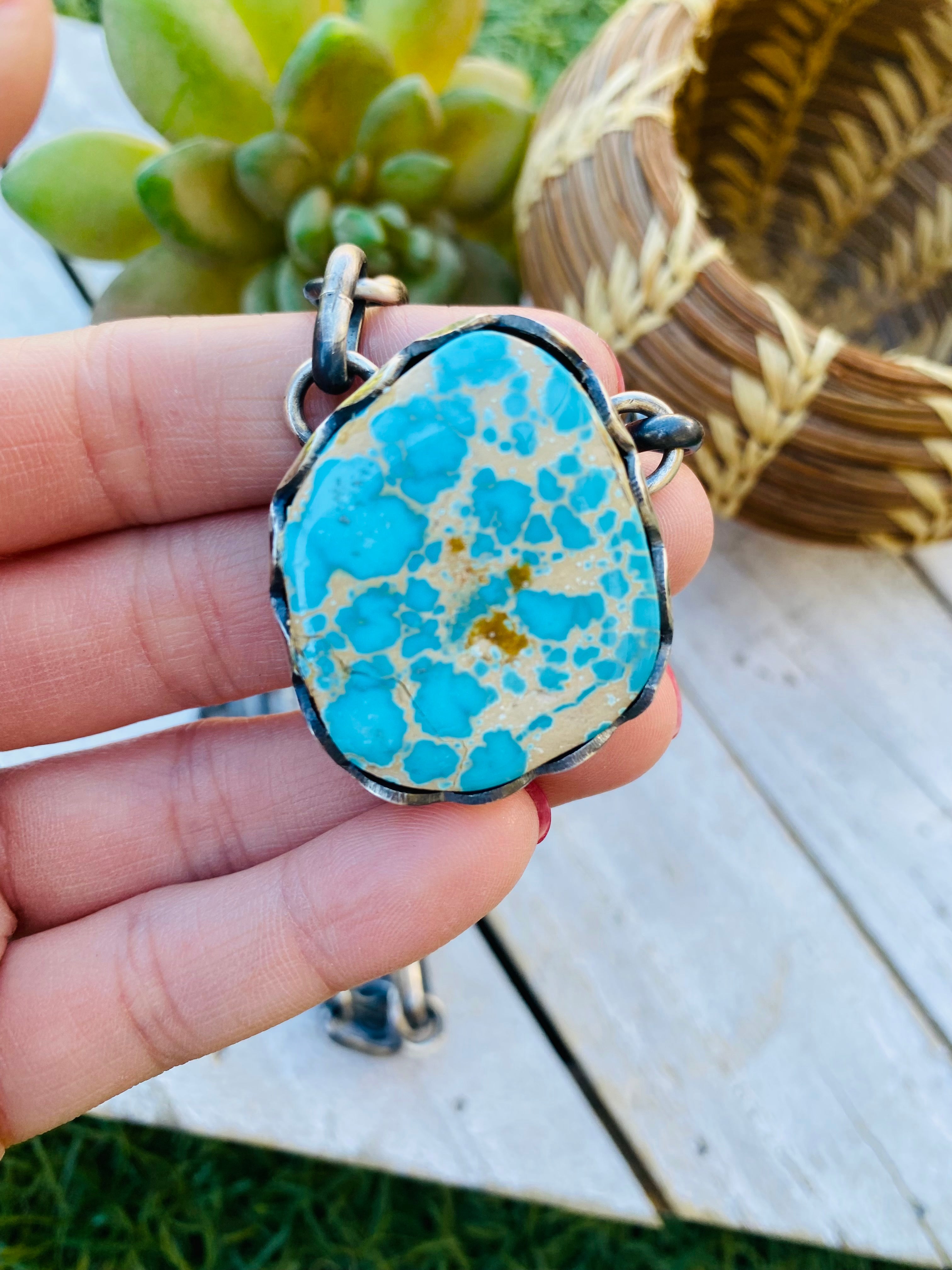 Handcrafted Number 8 Turquoise & Sterling Silver Necklace Signed