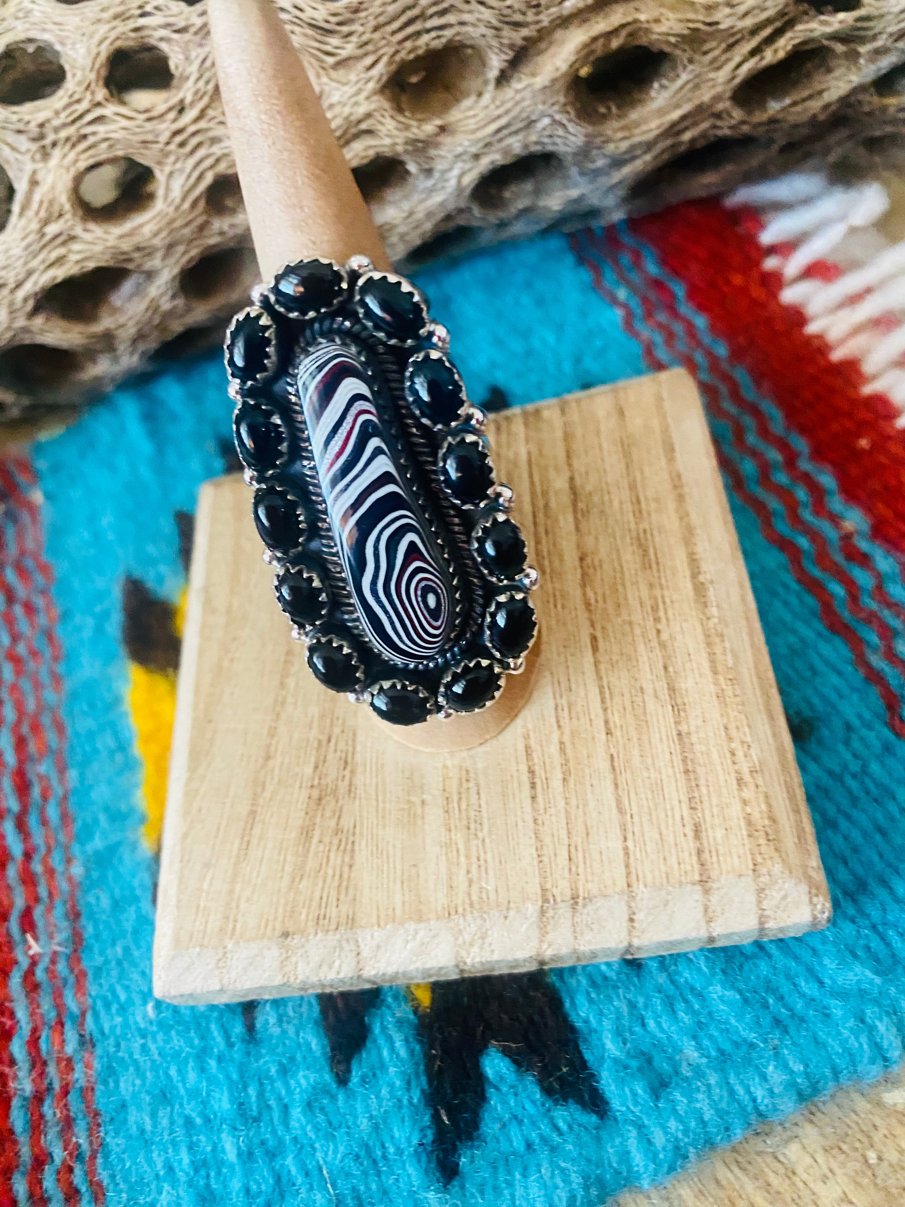 Handmade Sterling Silver, Fordite & Onyx Cluster Adjustable Ring
