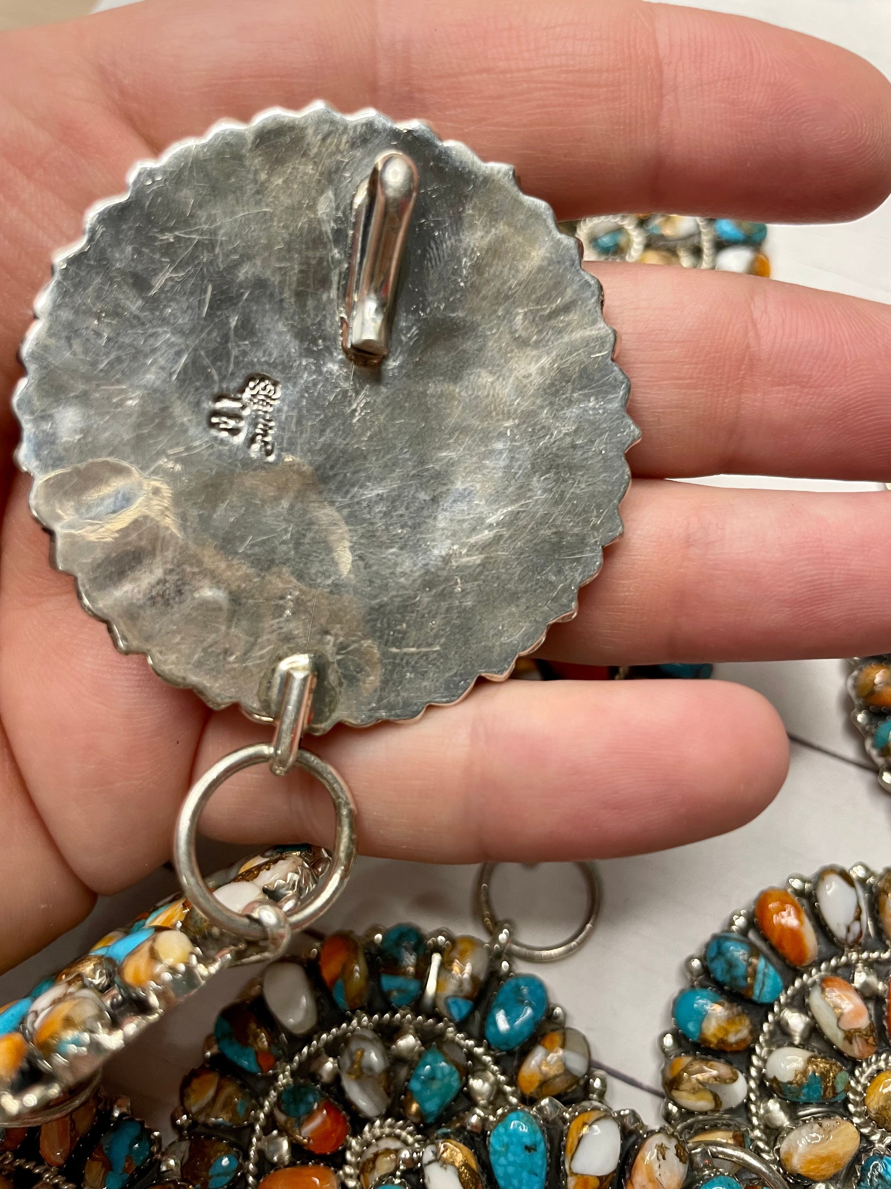 Navajo Multi Stone Spice Mojave Cluster And Sterling Silver Silver Belt, Signed TW