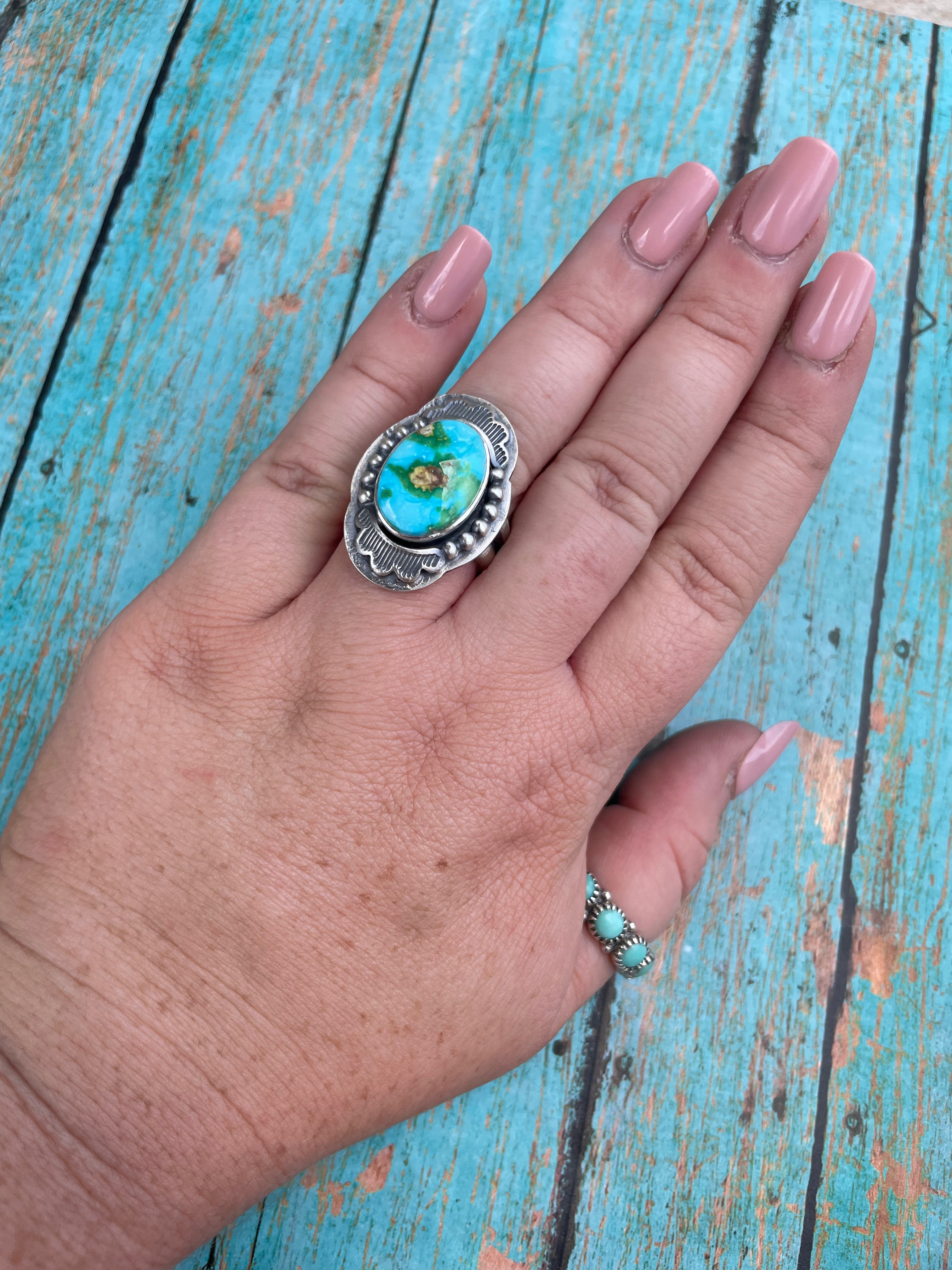 Navajo Sonoran Mountain Turquoise And Sterling Silver Statement Ring Size 9