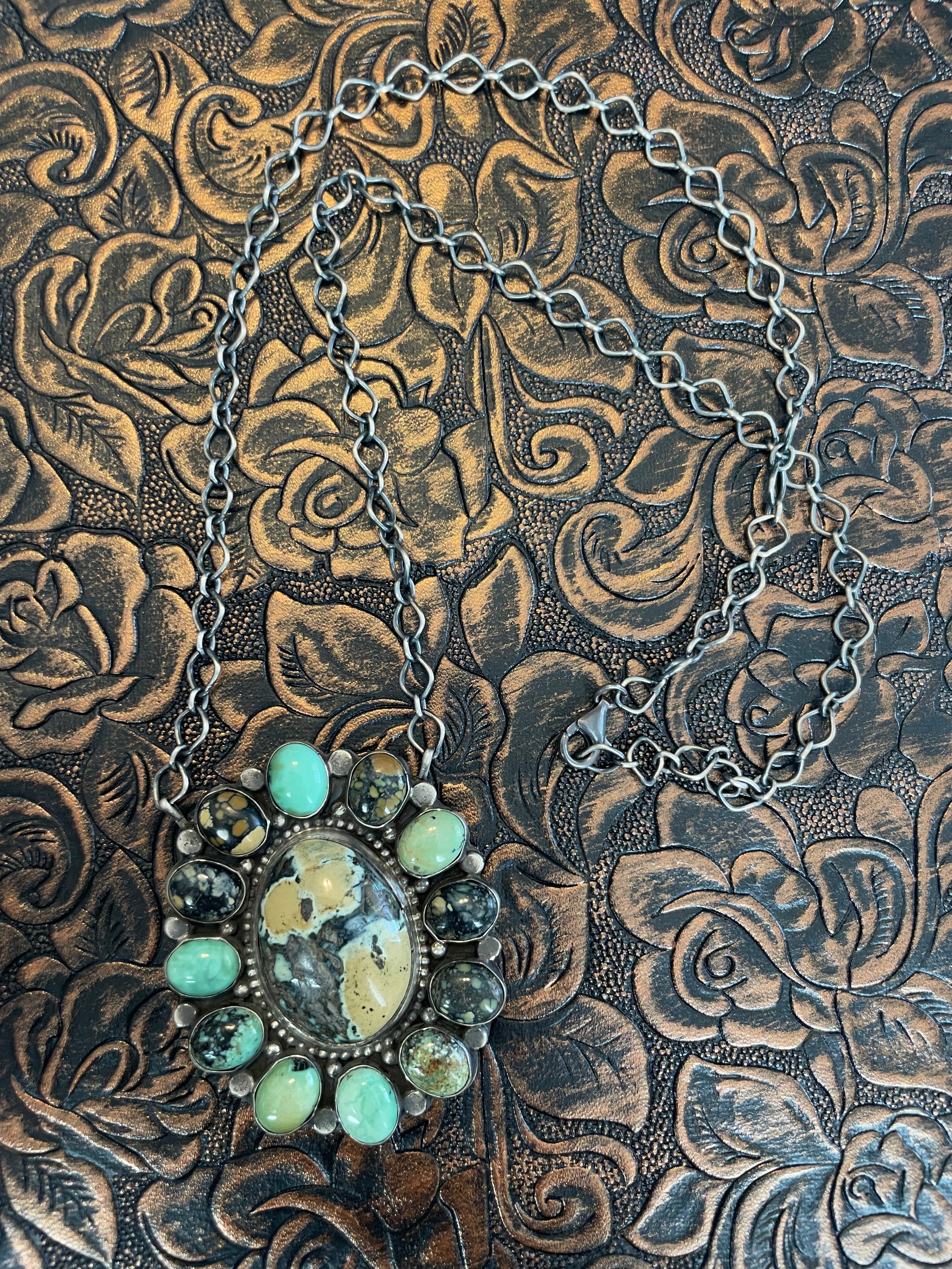 Navajo Royston & Carico Turquoise & Sterling Silver Cluster Necklace by Sheila Becenti