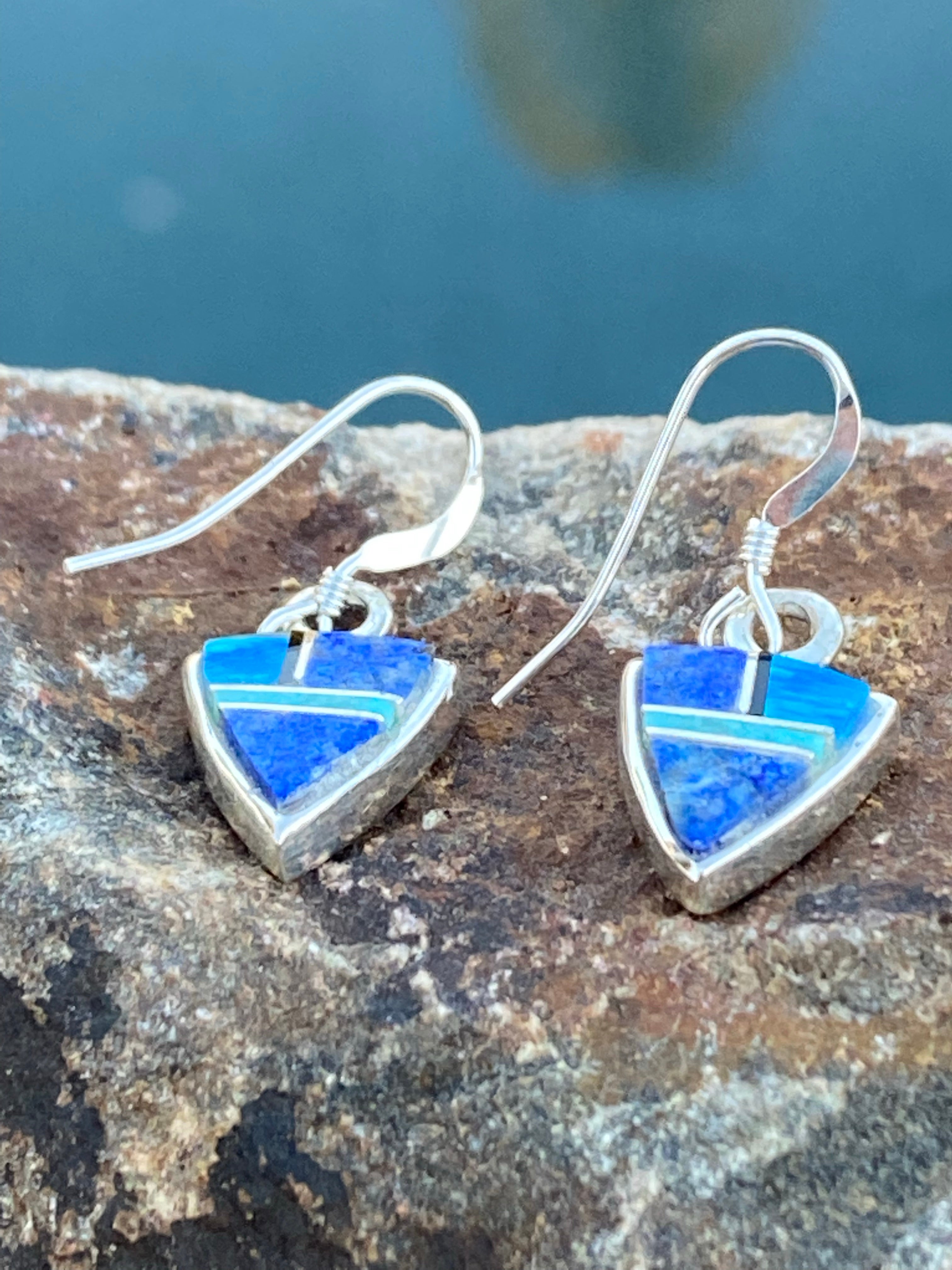 Handcrafted Lapis, Turquoise, Blue Opal Mini Triangle Dangle Earrings