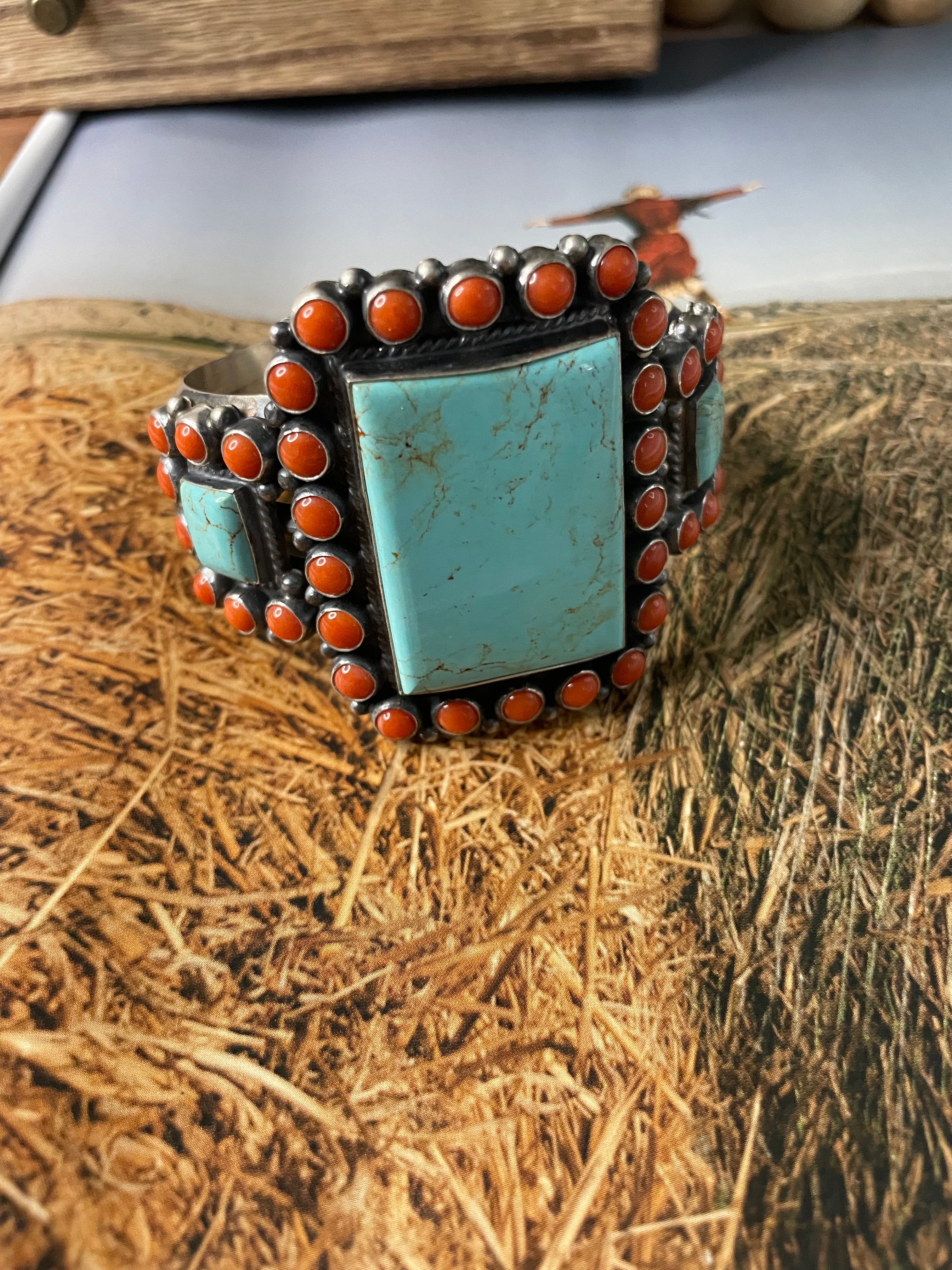 Anthony Skeets Handcrafted Turquoise, Coral & Sterling Silver Cuff Bracelet Signed /