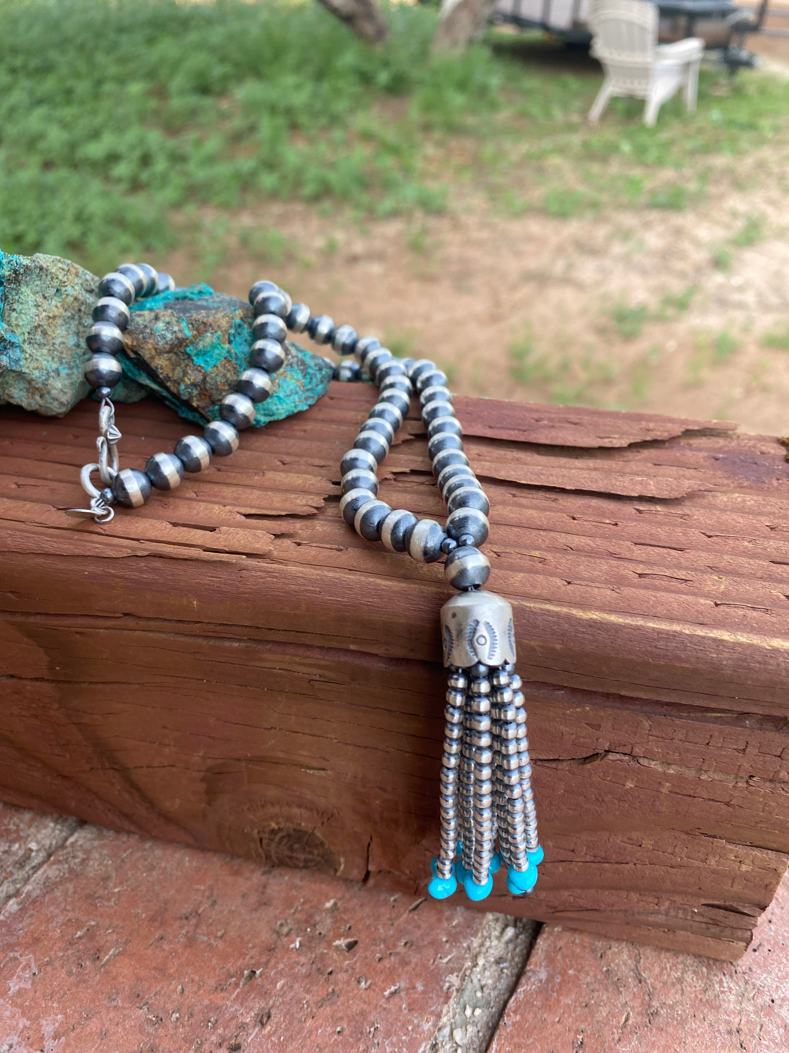 Handcrafted Sterling Silver Beaded Turquoise Tassel Necklace