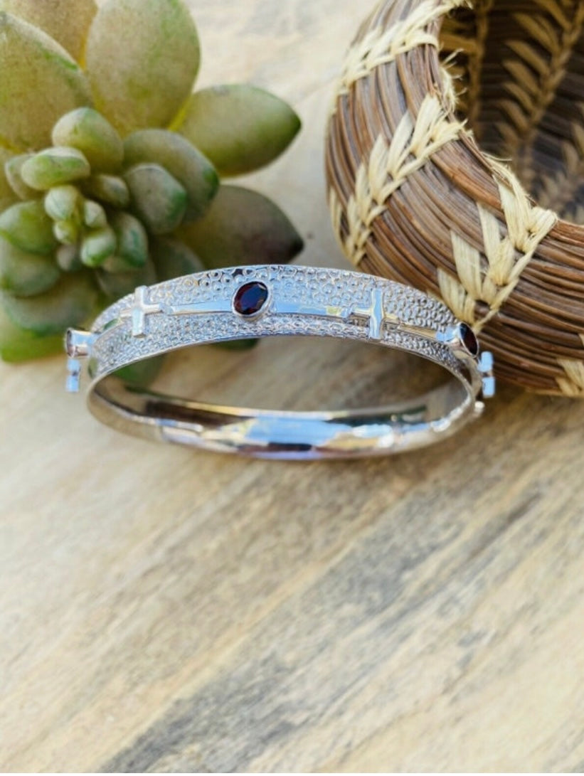 Handcrafted Red Garnet Cross Sterling Silver Bangle Signed