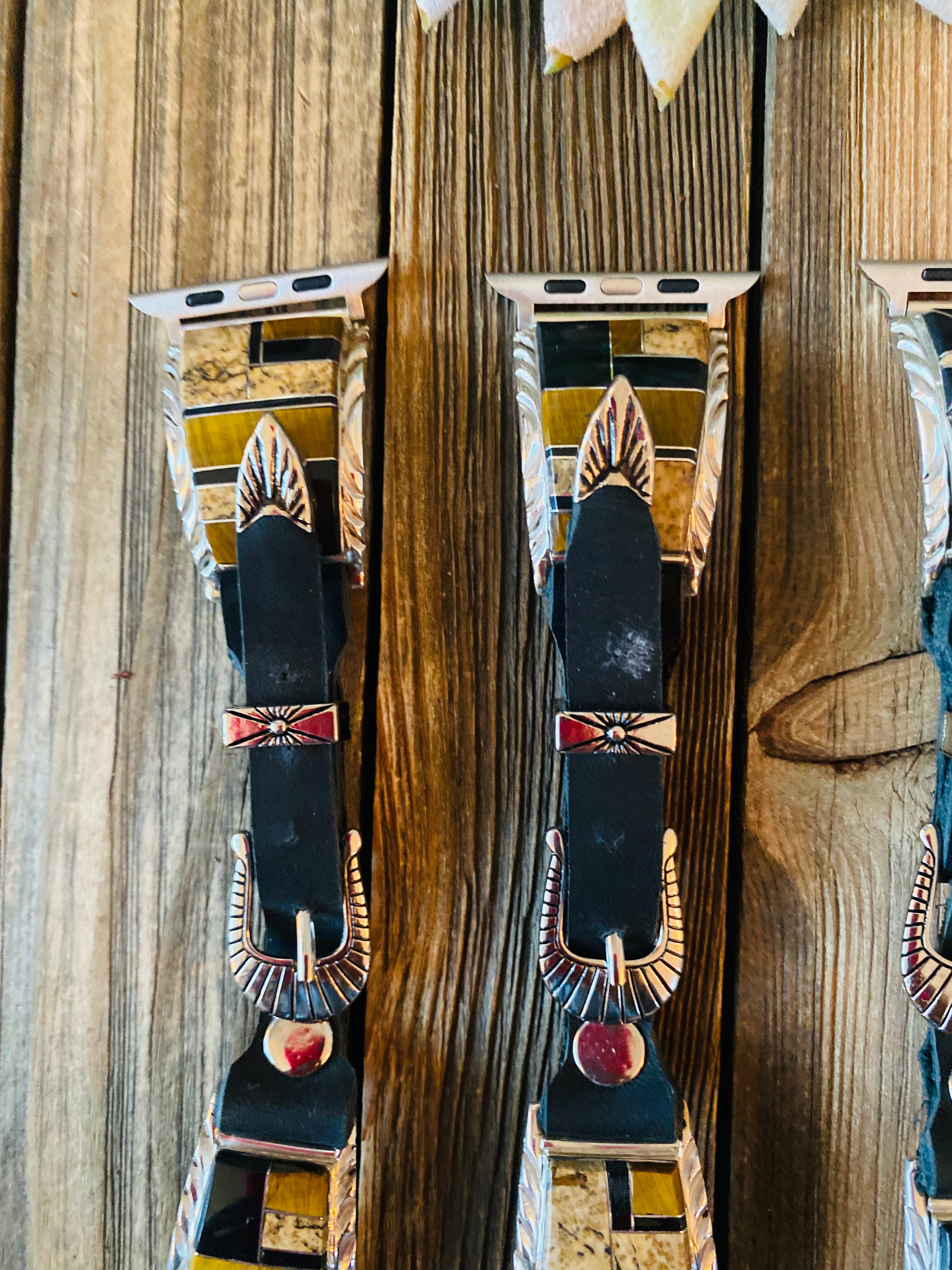 Handcrafted Multi Stone, Sterling Silver & Black Leather Smartphone Watch Band