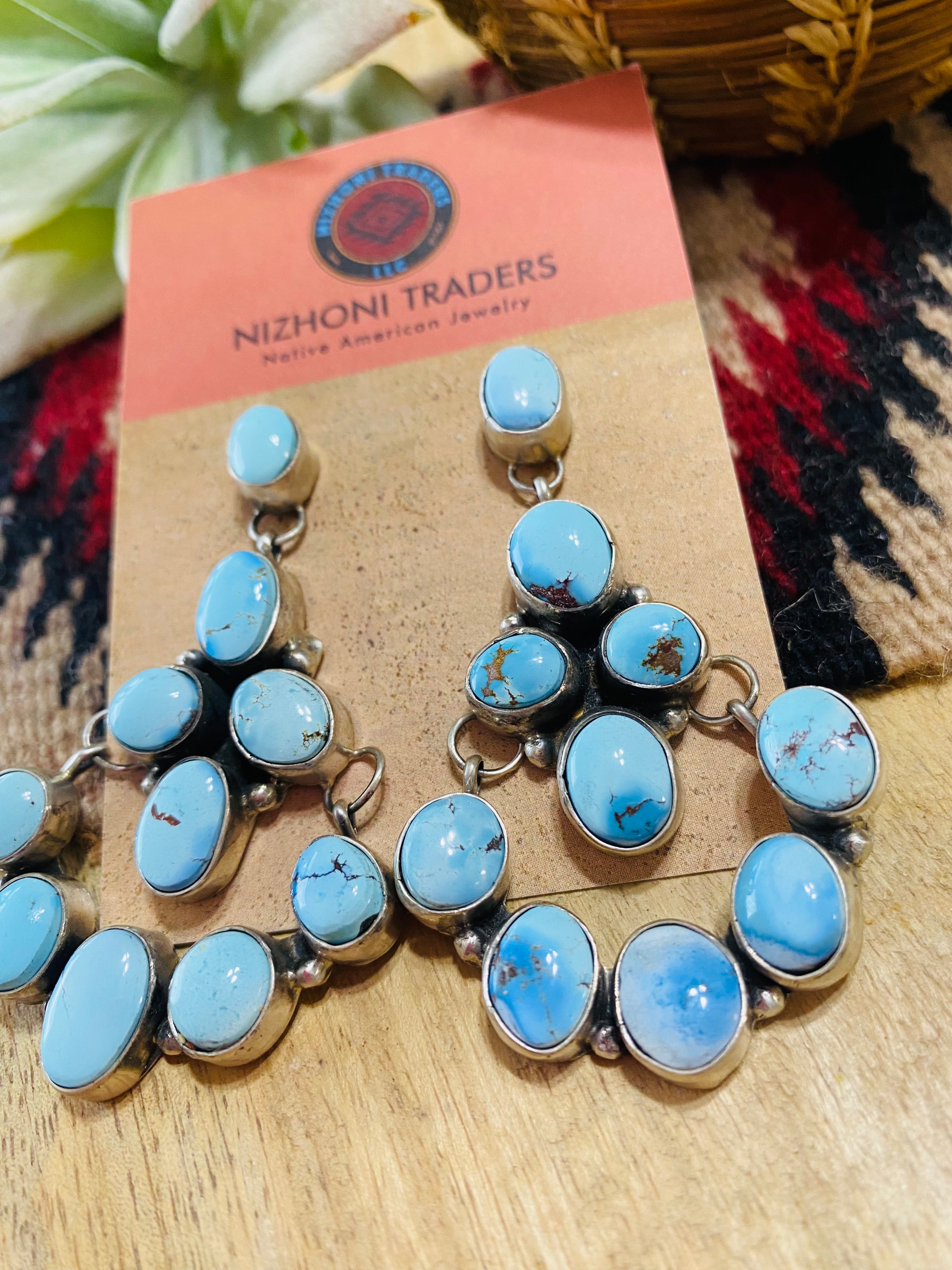 Navajo Golden Hills Turquoise & Sterling Silver Cluster Dangle Earrings