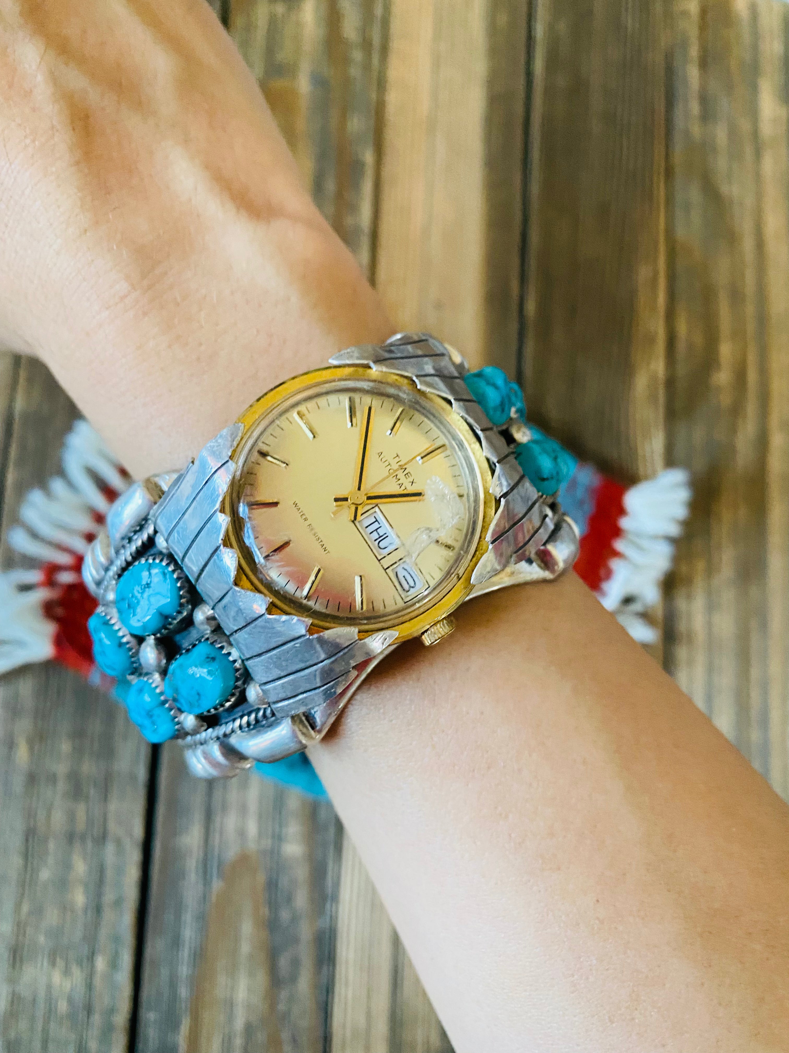 Old Pawn Vintage Kingman Turquoise & Sterling Silver Watch Cuff /