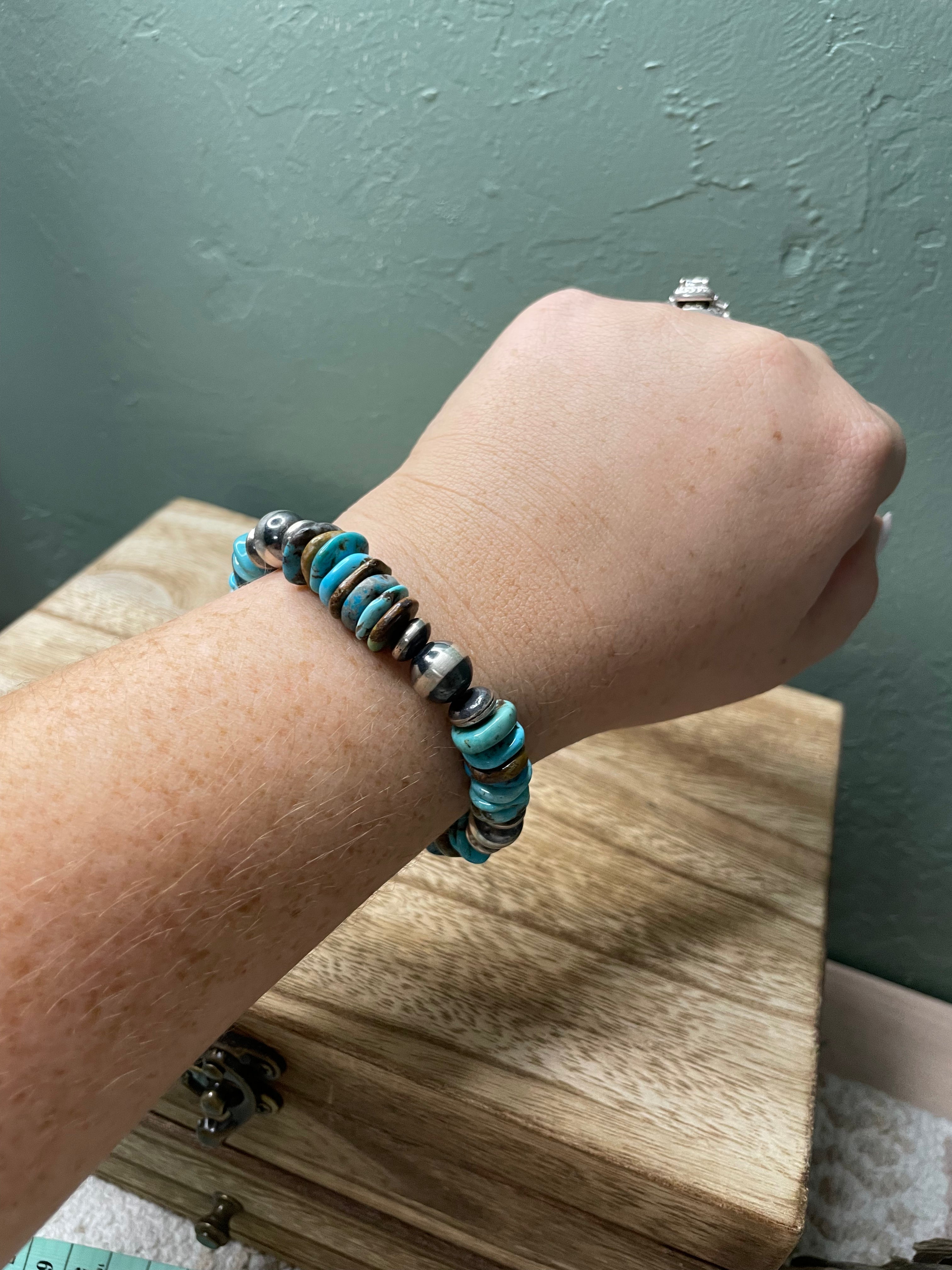 Handcrafted Sterling Silver Stretchy Natural #8 Turquoise Beaded Bracelet