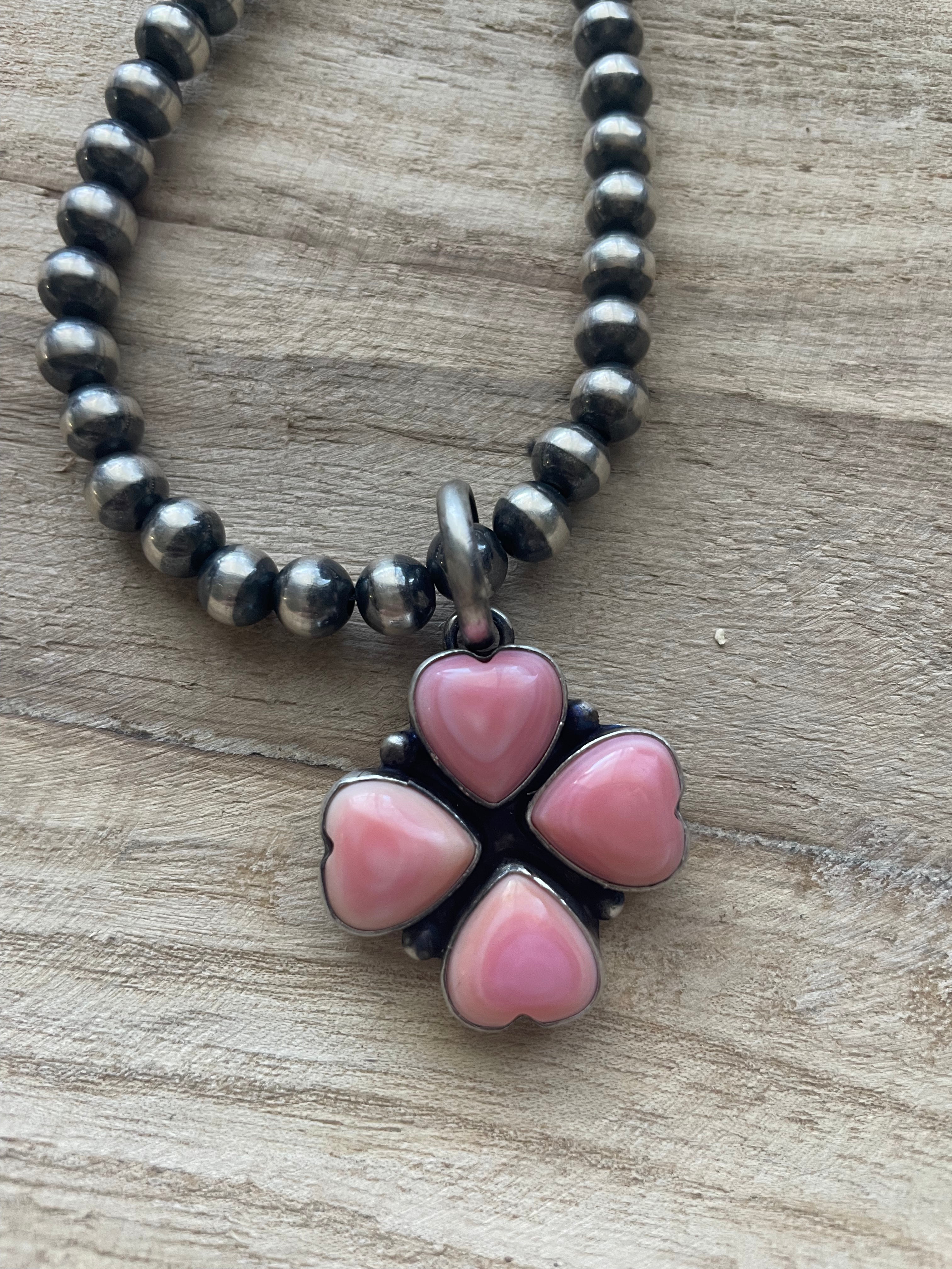 Handcrafted Queen Pink Conch Shell And Sterling Silver Heart Pendant Signed