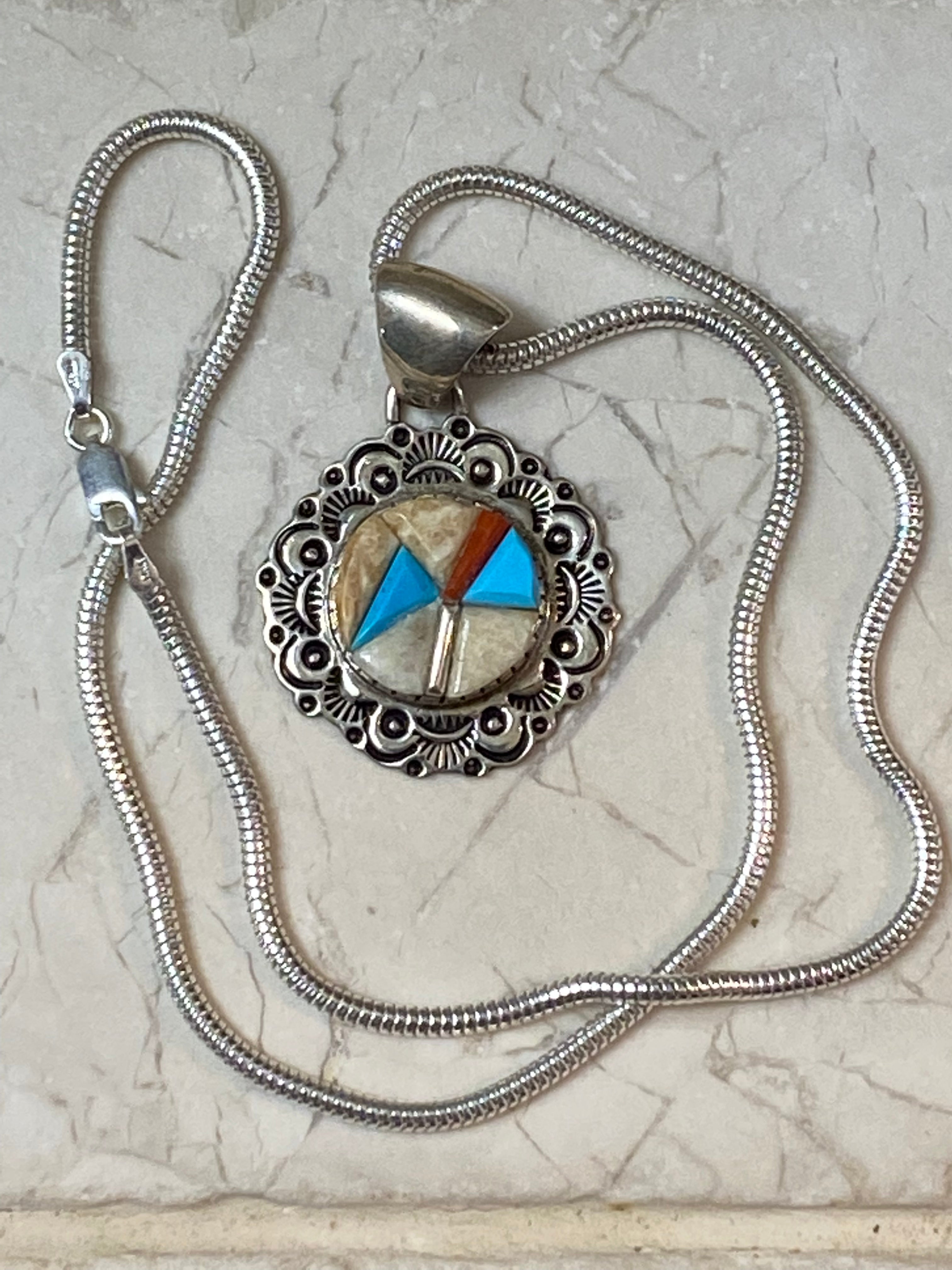 Handcrafted Turquoise, Coral & Mother of Pearl Pendant Necklace