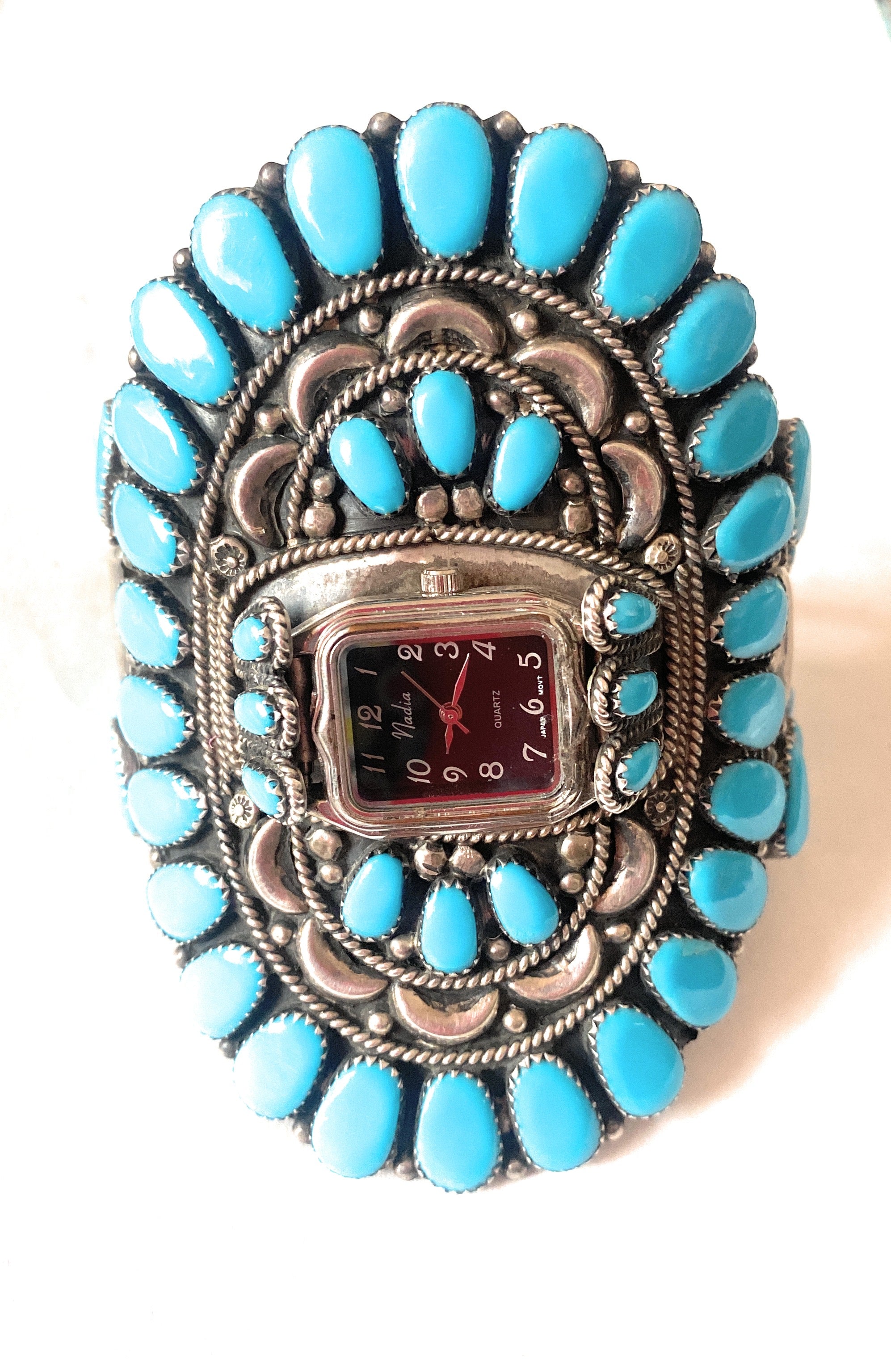 Old Pawn Vintage Navajo Turquoise & Sterling Silver Cluster Watch Cuff /