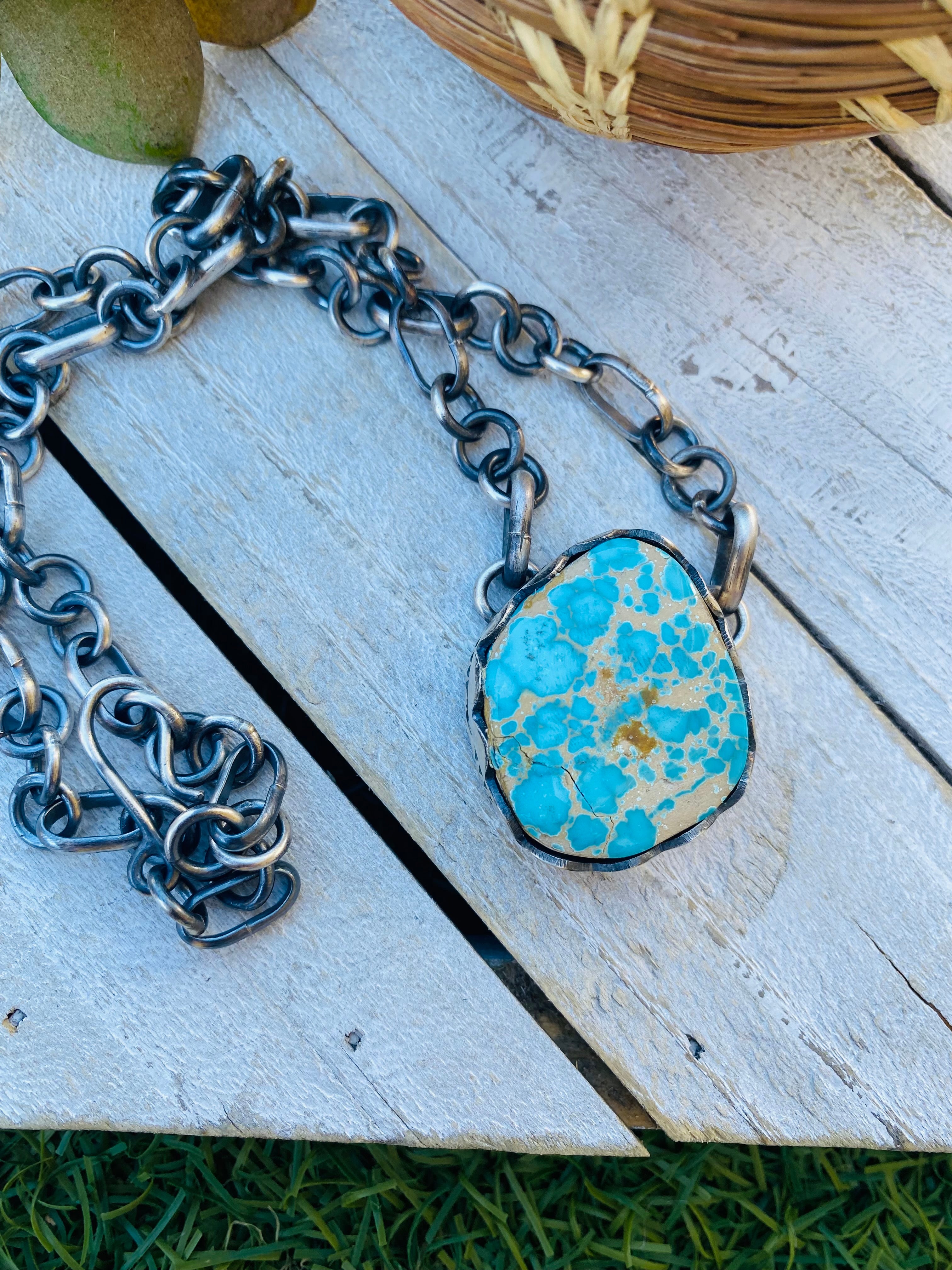 Handcrafted Number 8 Turquoise & Sterling Silver Necklace Signed