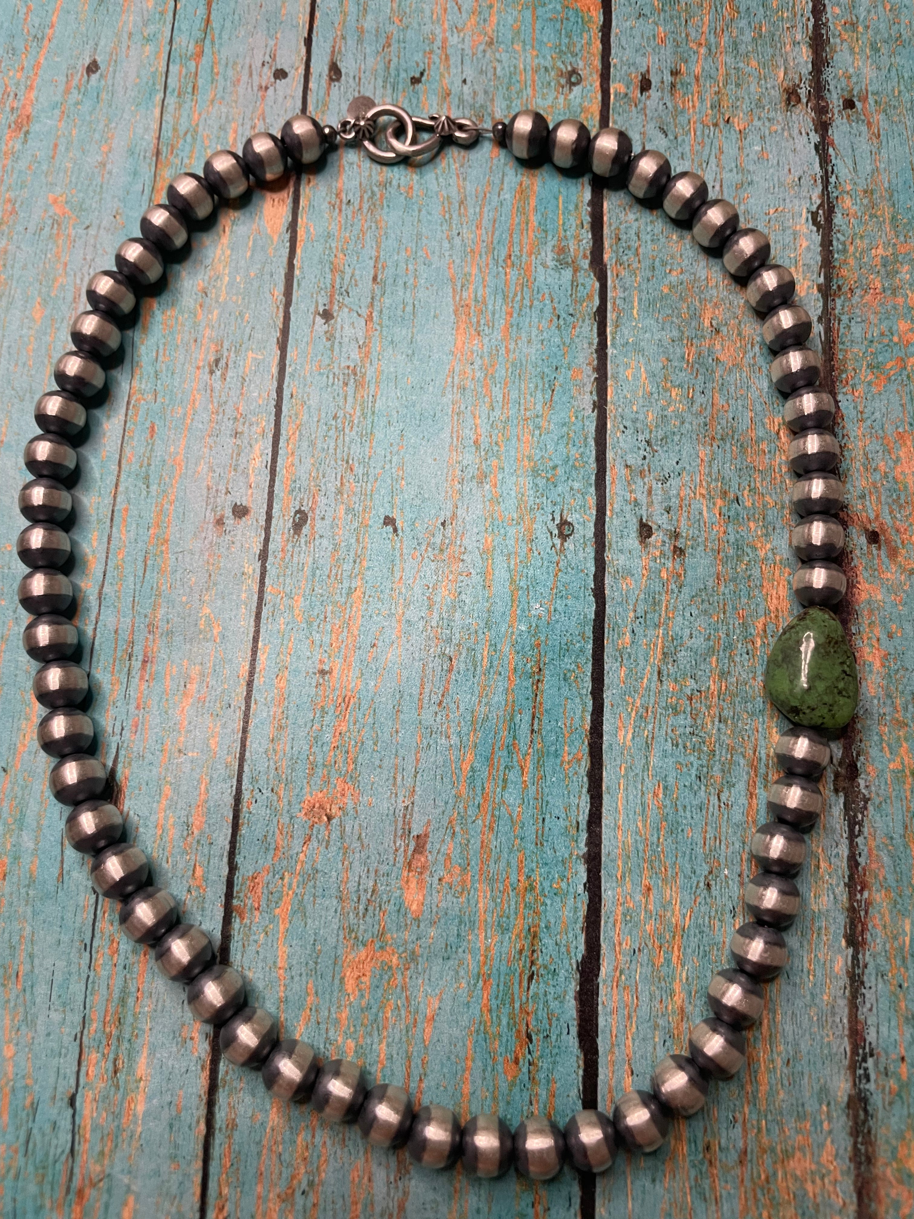 Sterling Silver Pearl 8mm Beaded Necklace With Turquoise Stone 18"