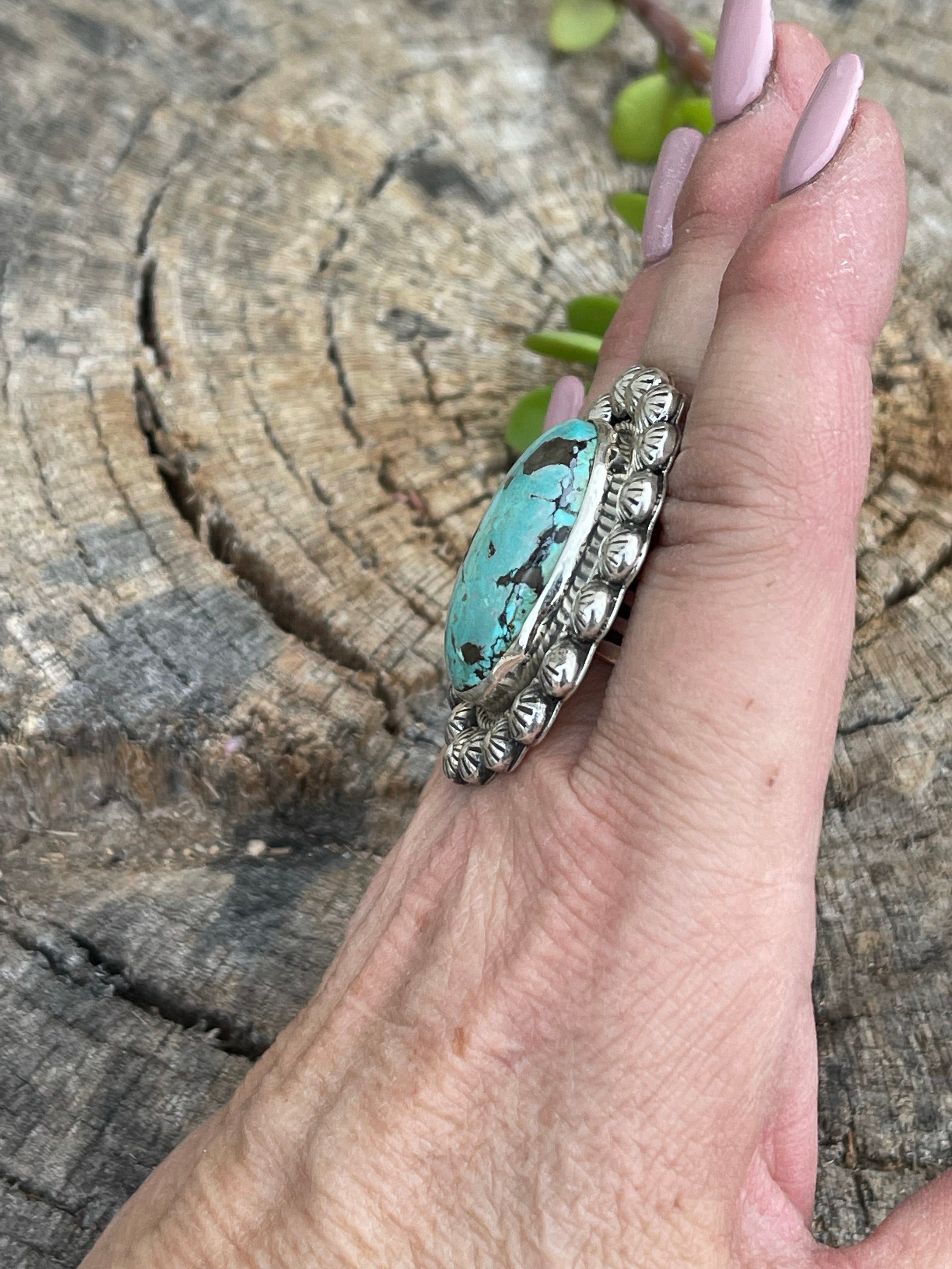 Handcrafted Sterling Silver Turquoise Oval Ring Sz 8