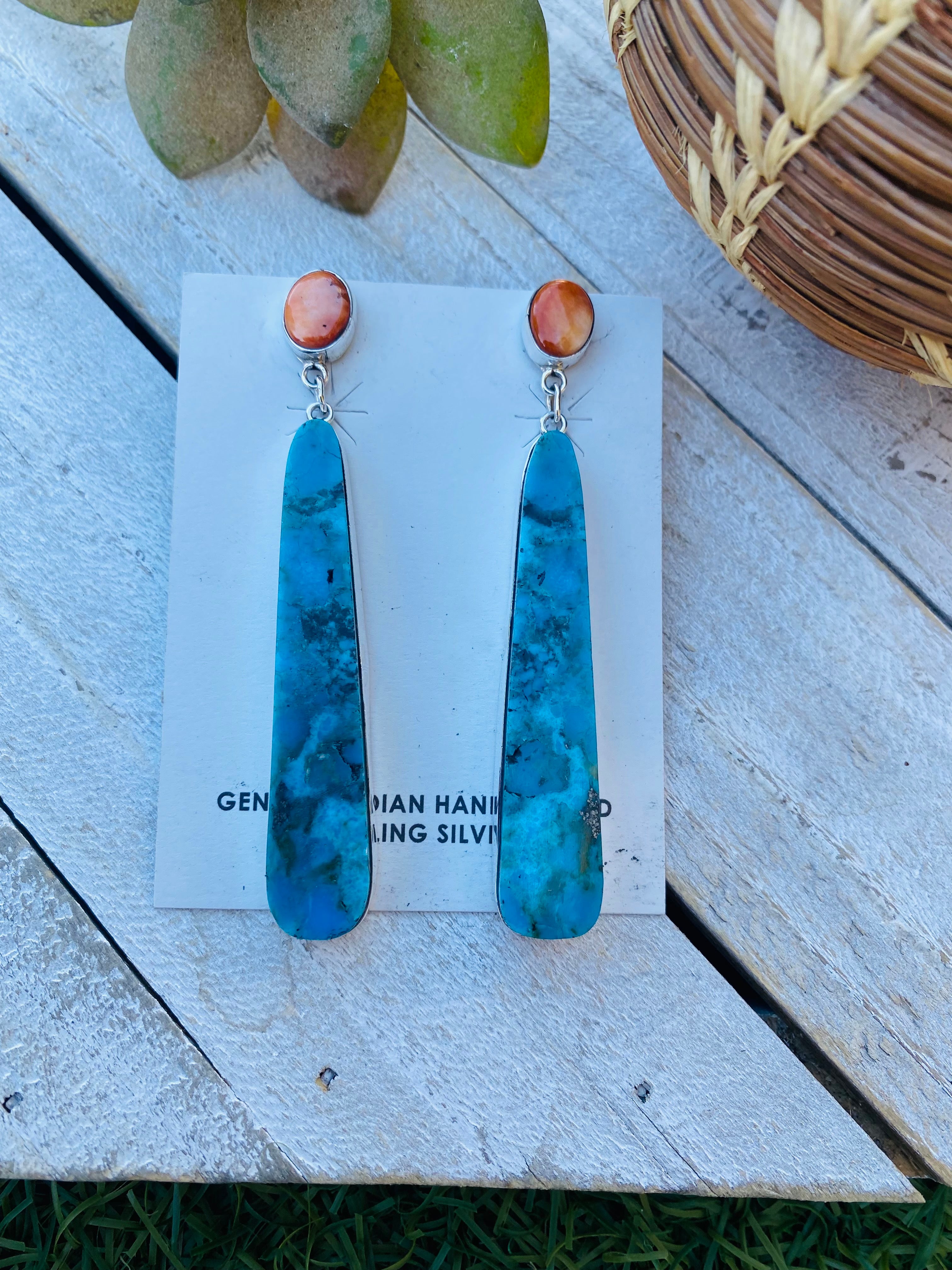 Handcrafted Sterling Silver, Turquoise & Orange Spiny Slab Dangle Earrings