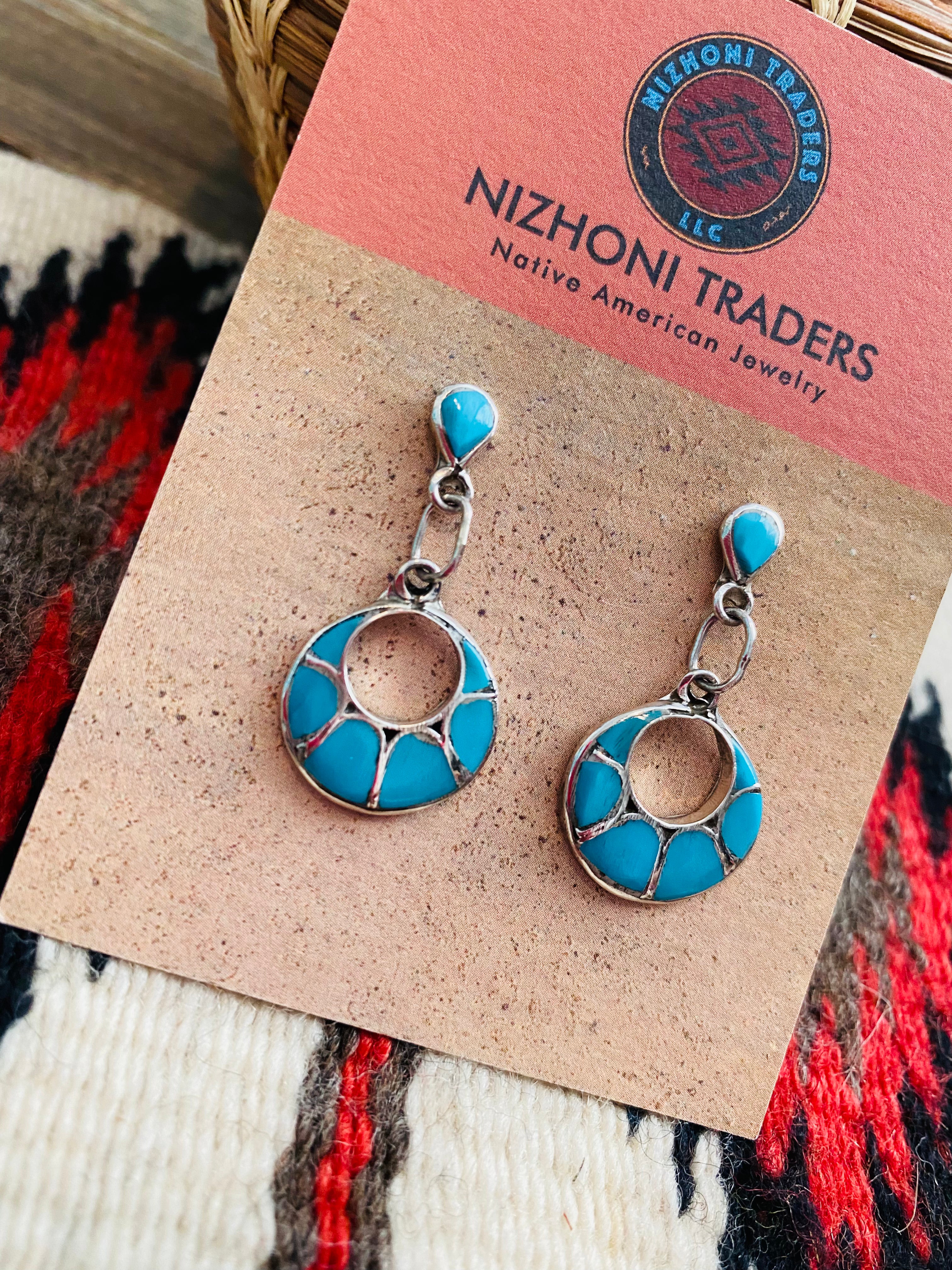 Handcrafted Sterling Silver & Turquoise Inlay Dangle Earrings