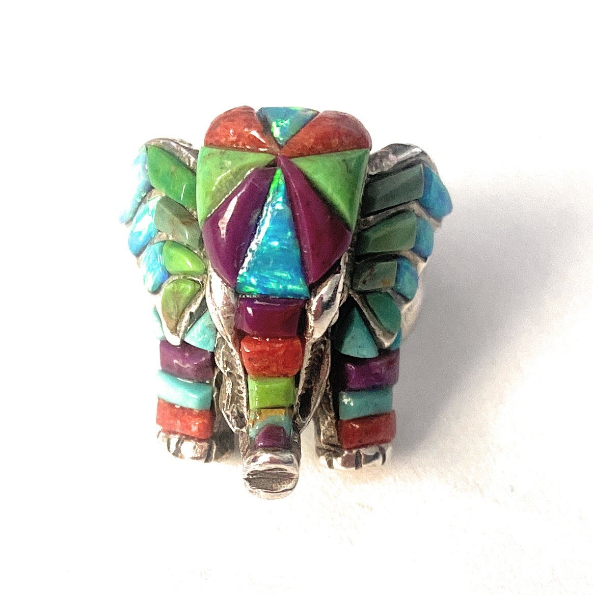 Handmade Sterling Silver & Multi Stone Inlay Elephant Ring Size 6.75