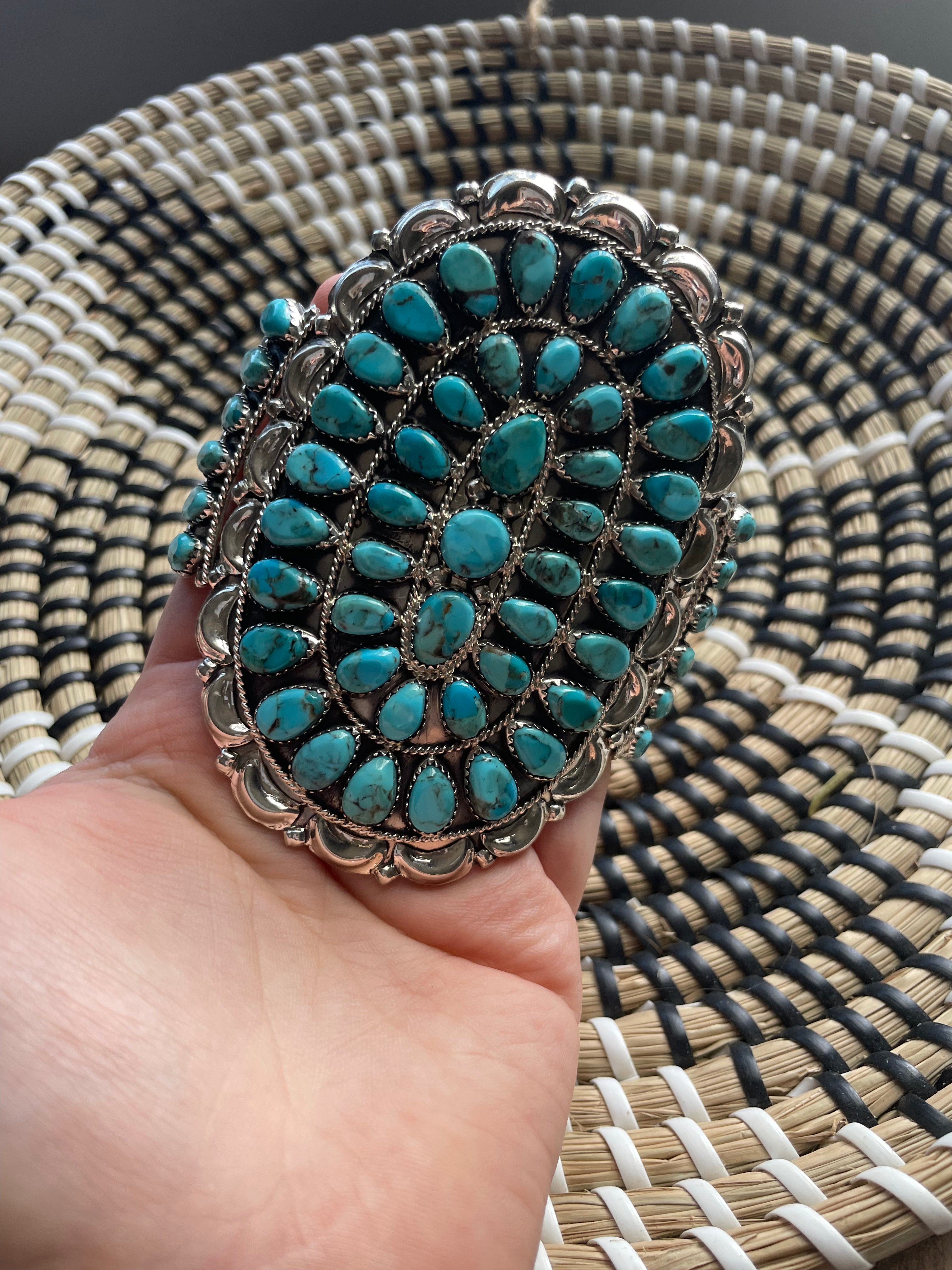 Navajo Sterling Silver & Turquoise Statement Cuff Bracelet Signed /