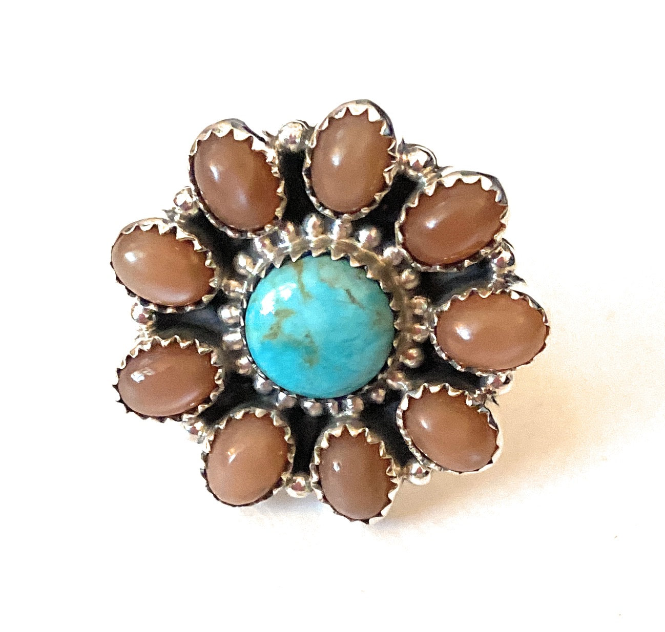 Handmade Sterling Silver, Mother of Pearl & Turquoise Cluster Adjustable Ring