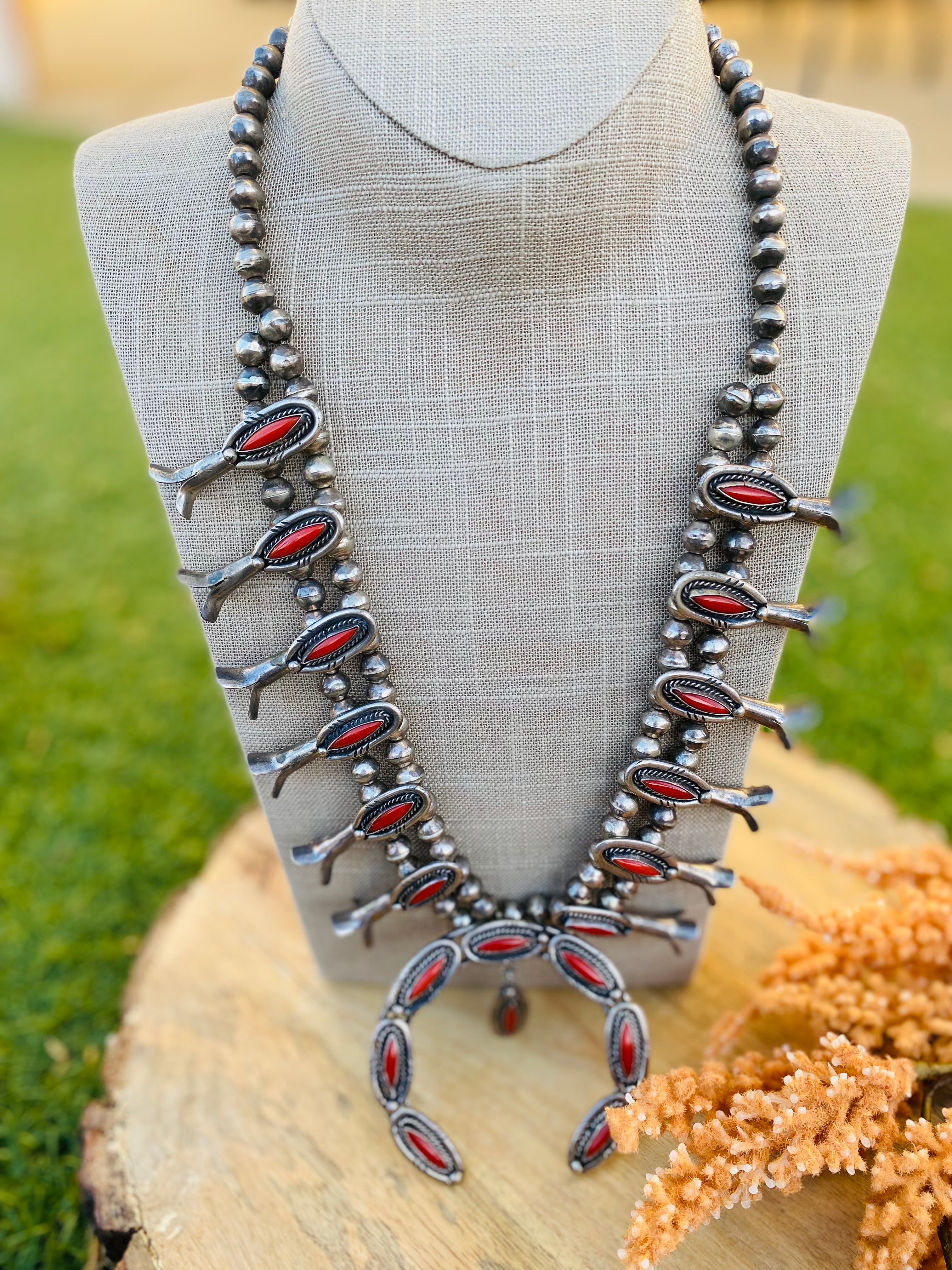Handcrafted Vintage Coral & Sterling Silver Squash Blossom Necklace