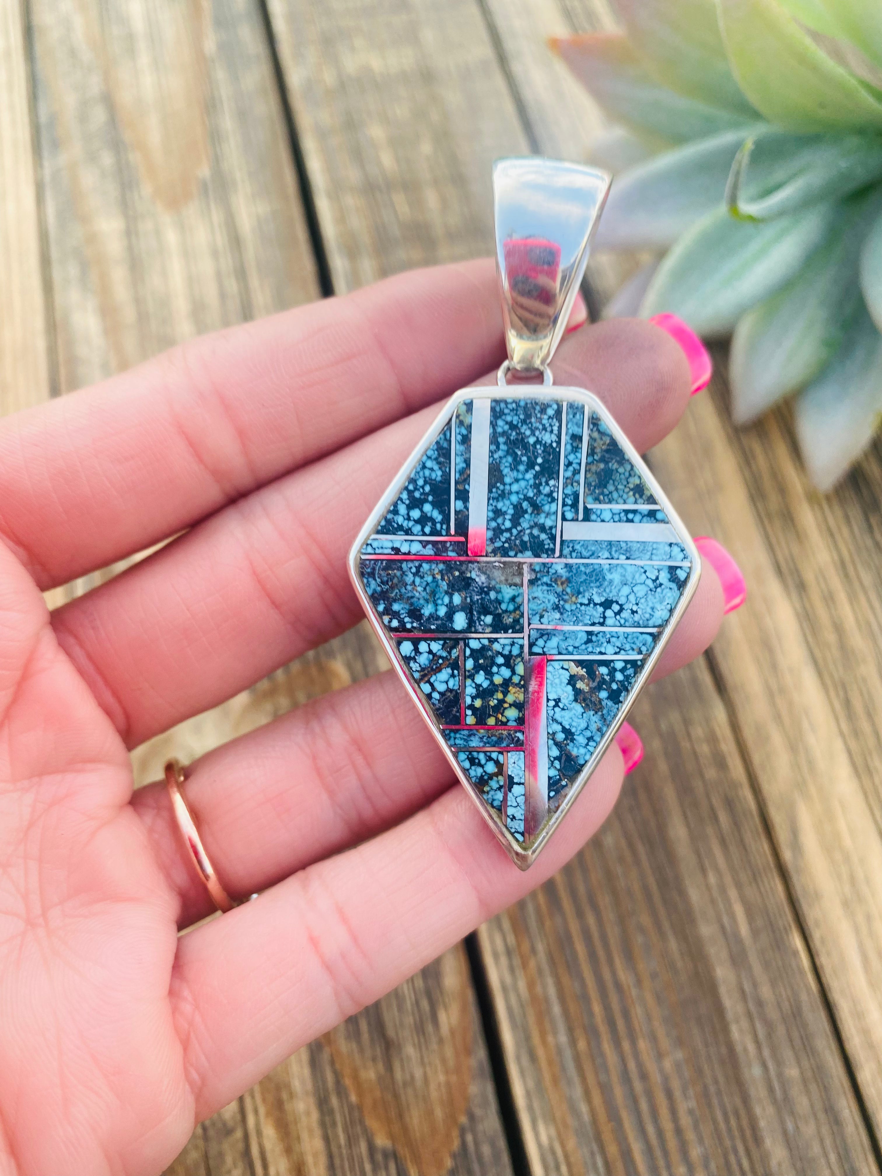 Handcrafted Blue Moon Turquoise and Sterling Silver Inlay Pendant