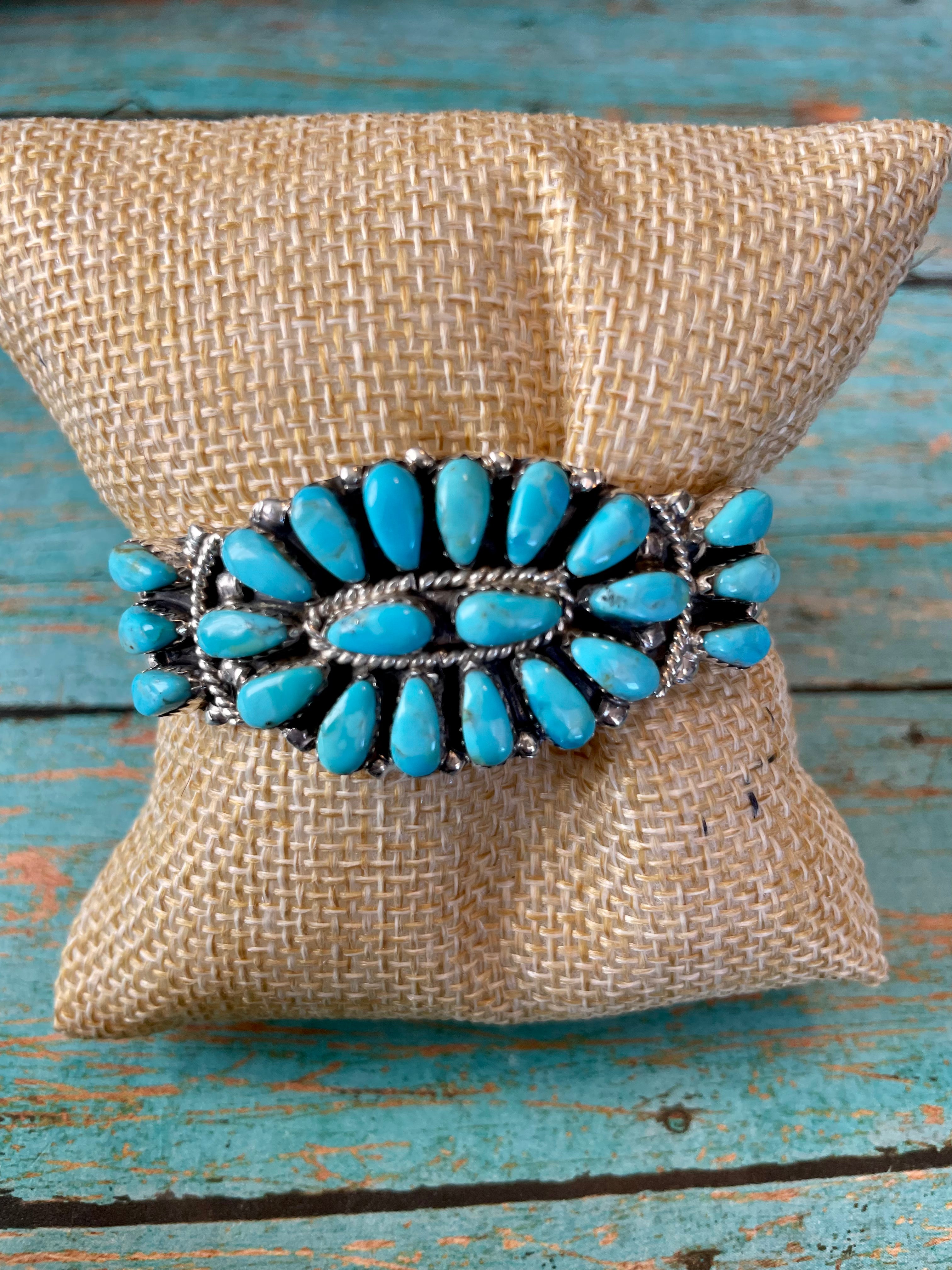 Handcrafted Turquoise And Sterling Silver Cluster Adjustable Cuff Bracelet /