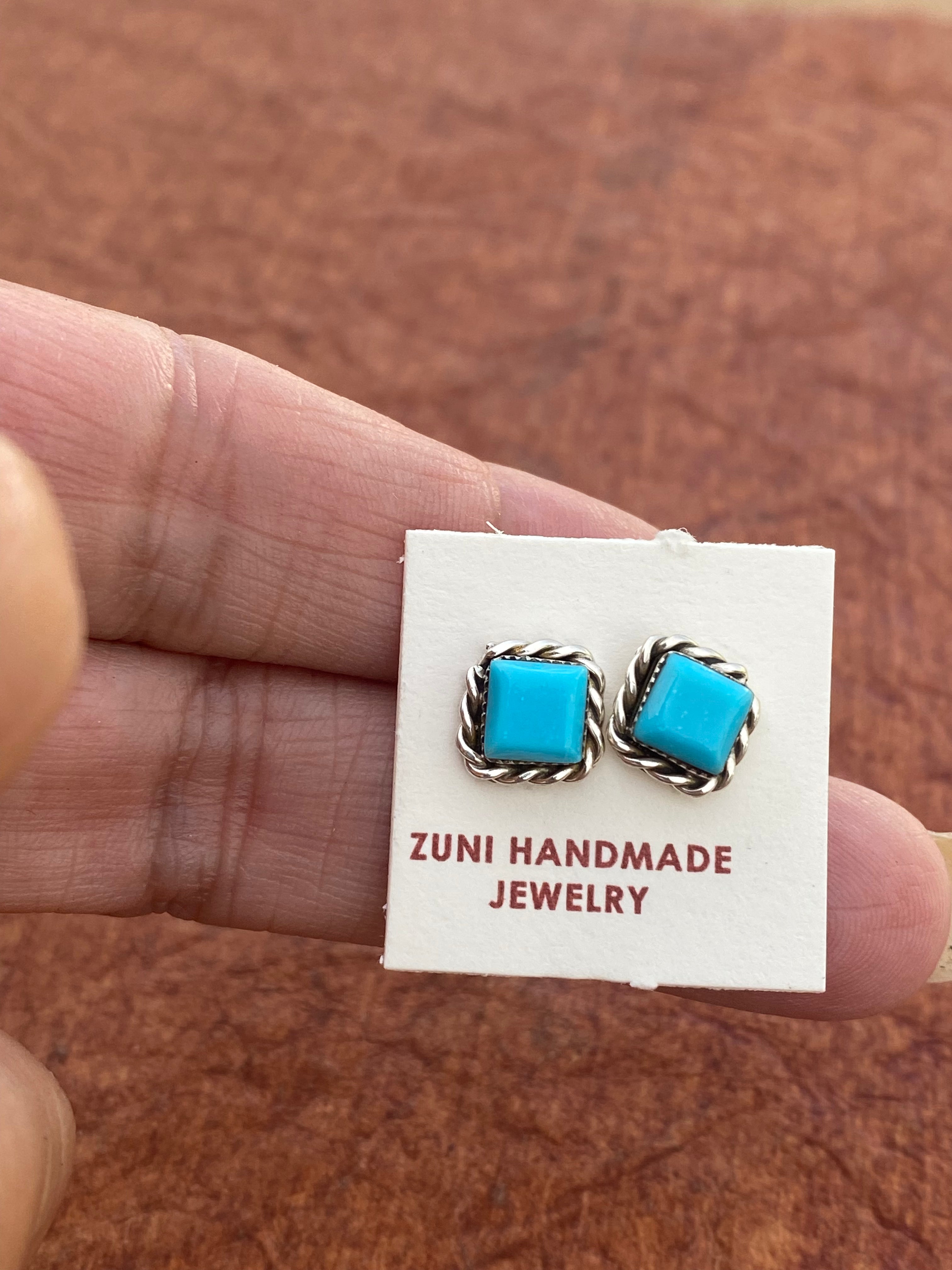 Handcrafted Sterling Silver Kingman Turquoise Square Stud Earrings