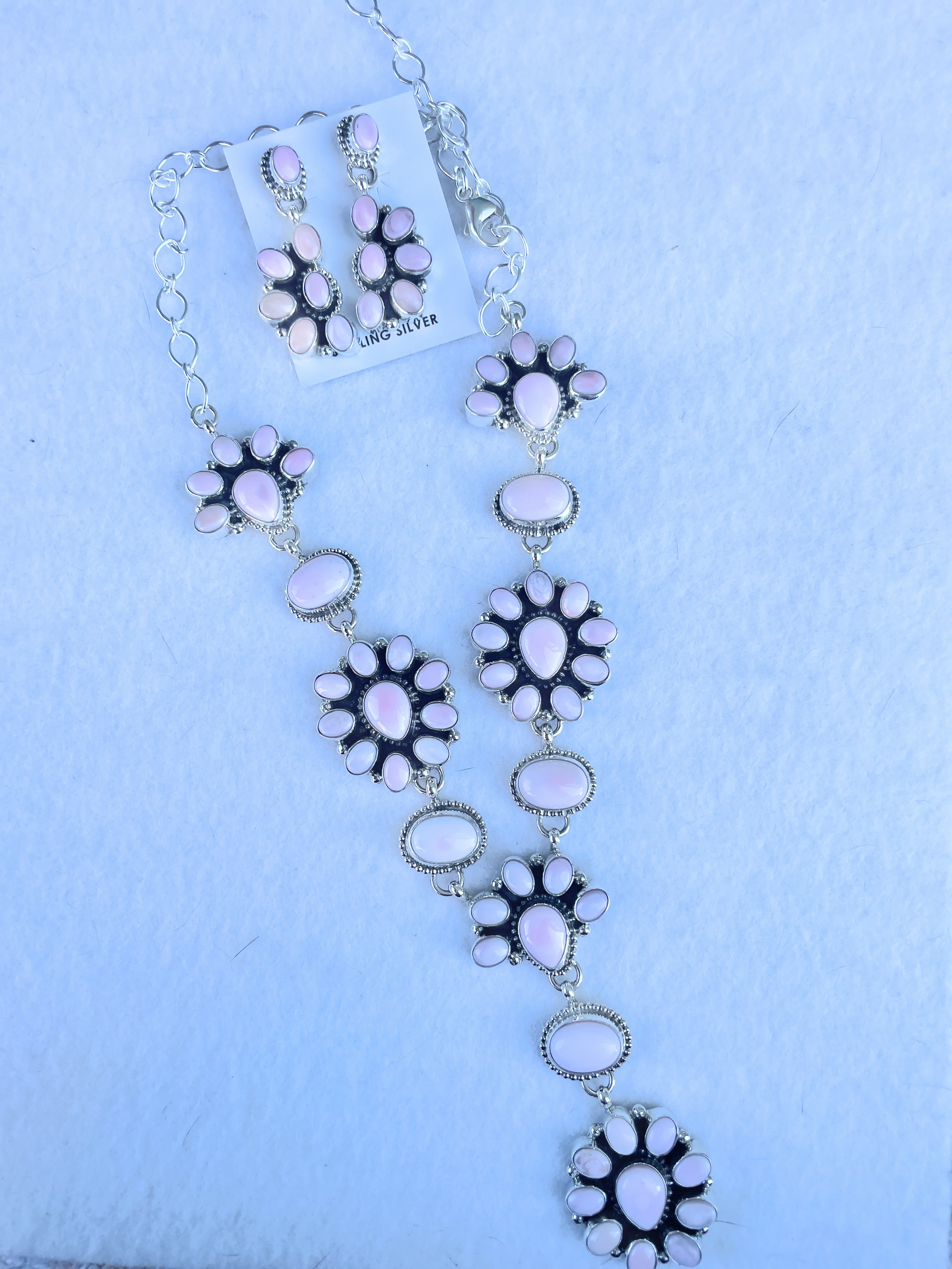 Handcrafted Queen Pink Conch Shell And Sterling Silver Lariat Necklace Earrings Set By Sheila Becenti