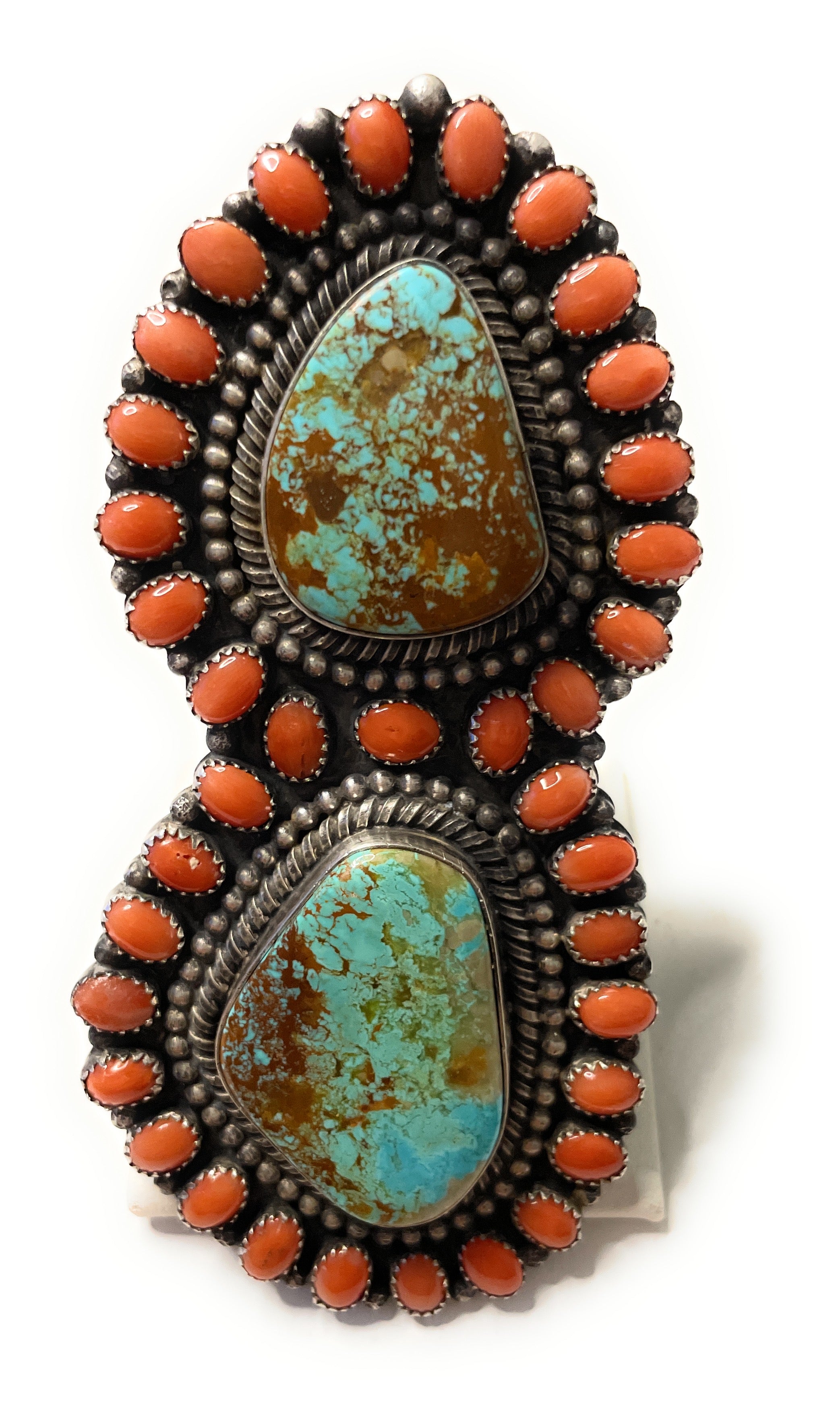 Navajo Sterling Silver Turquoise And Orange Spiny Statement Ring Sz 10