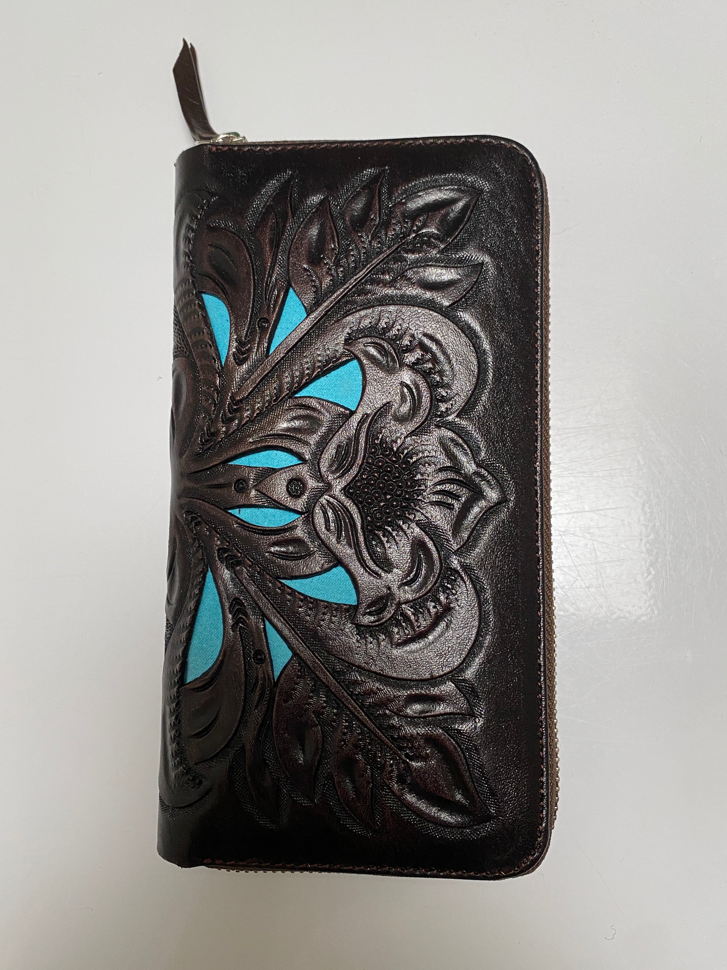 Tooled Leather Wallet Chocolate & Turquoise