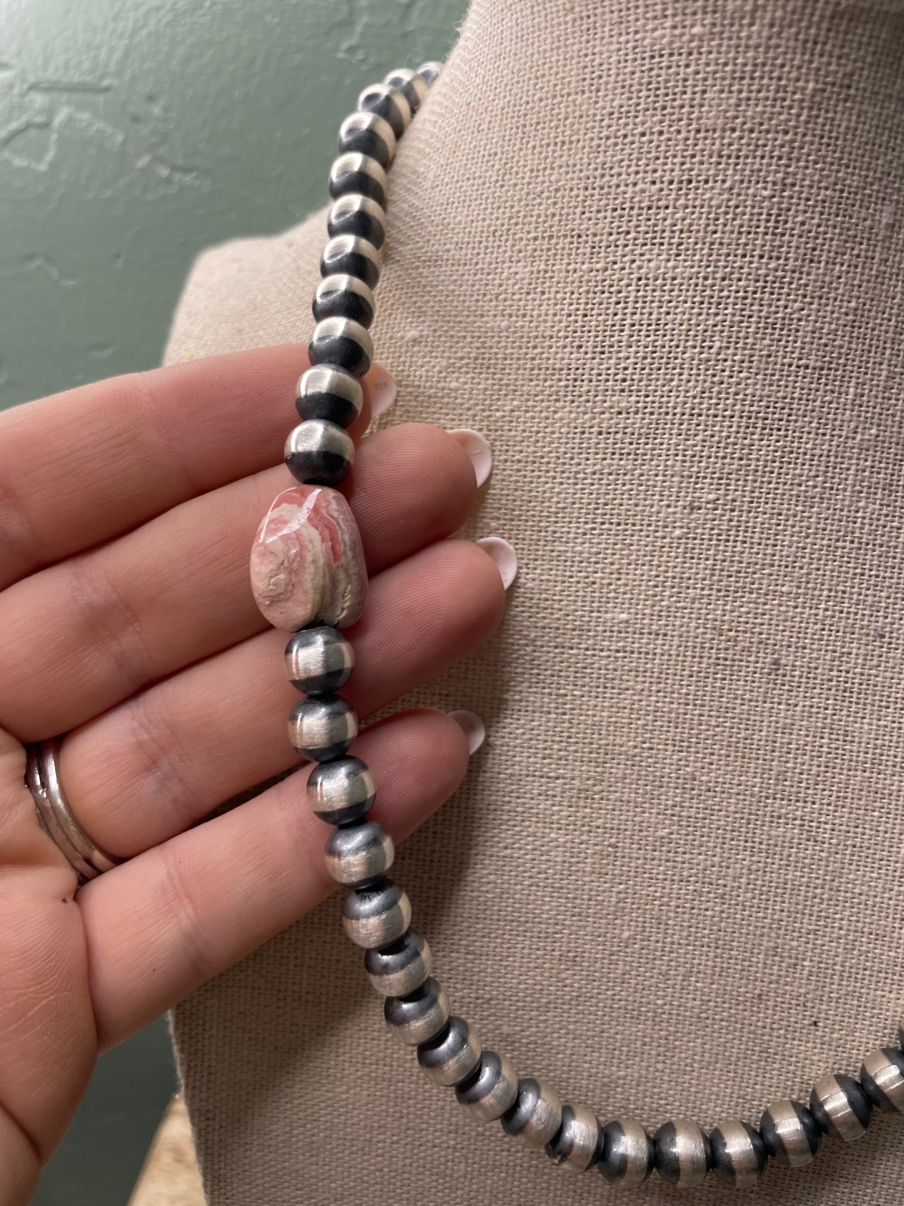 Handcrafted Sterling Silver And Rhodochrosite 8mm Beaded Necklace 18”