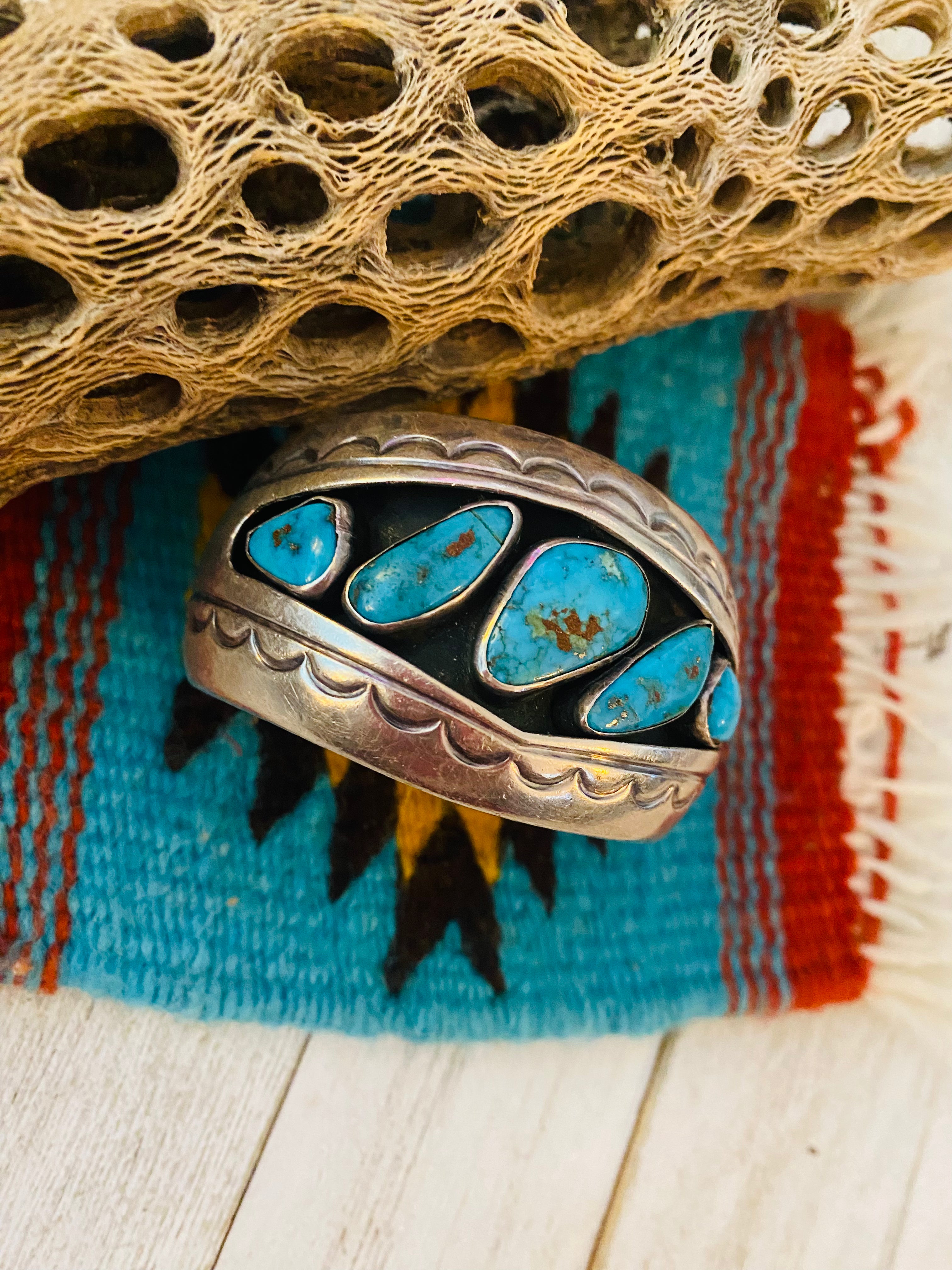 Navajo Old Pawn Vintage Turquoise & Sterling Silver Cuff Bracelet /