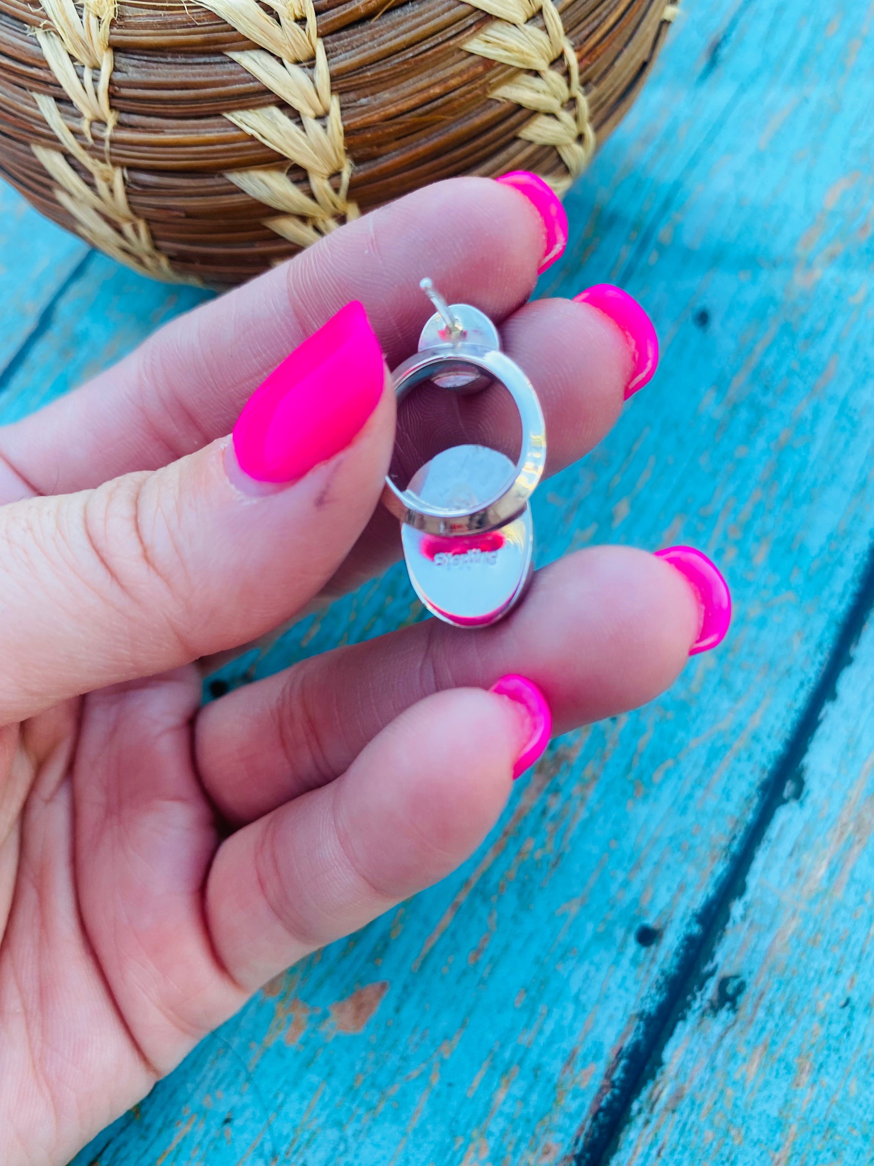 Handcrafted Kingman Turquoise & Sterling Silver Post Earrings Signed