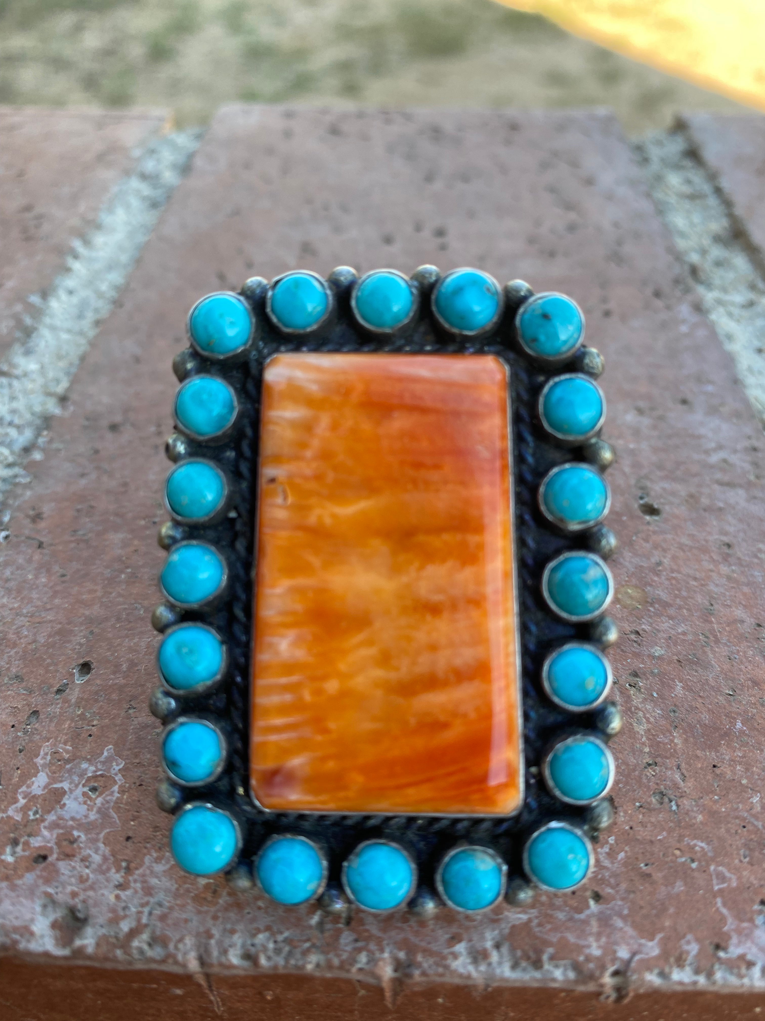 Navajo Cluster Turquoise Spiny Oyster Sterling Silver Ring Sz 8