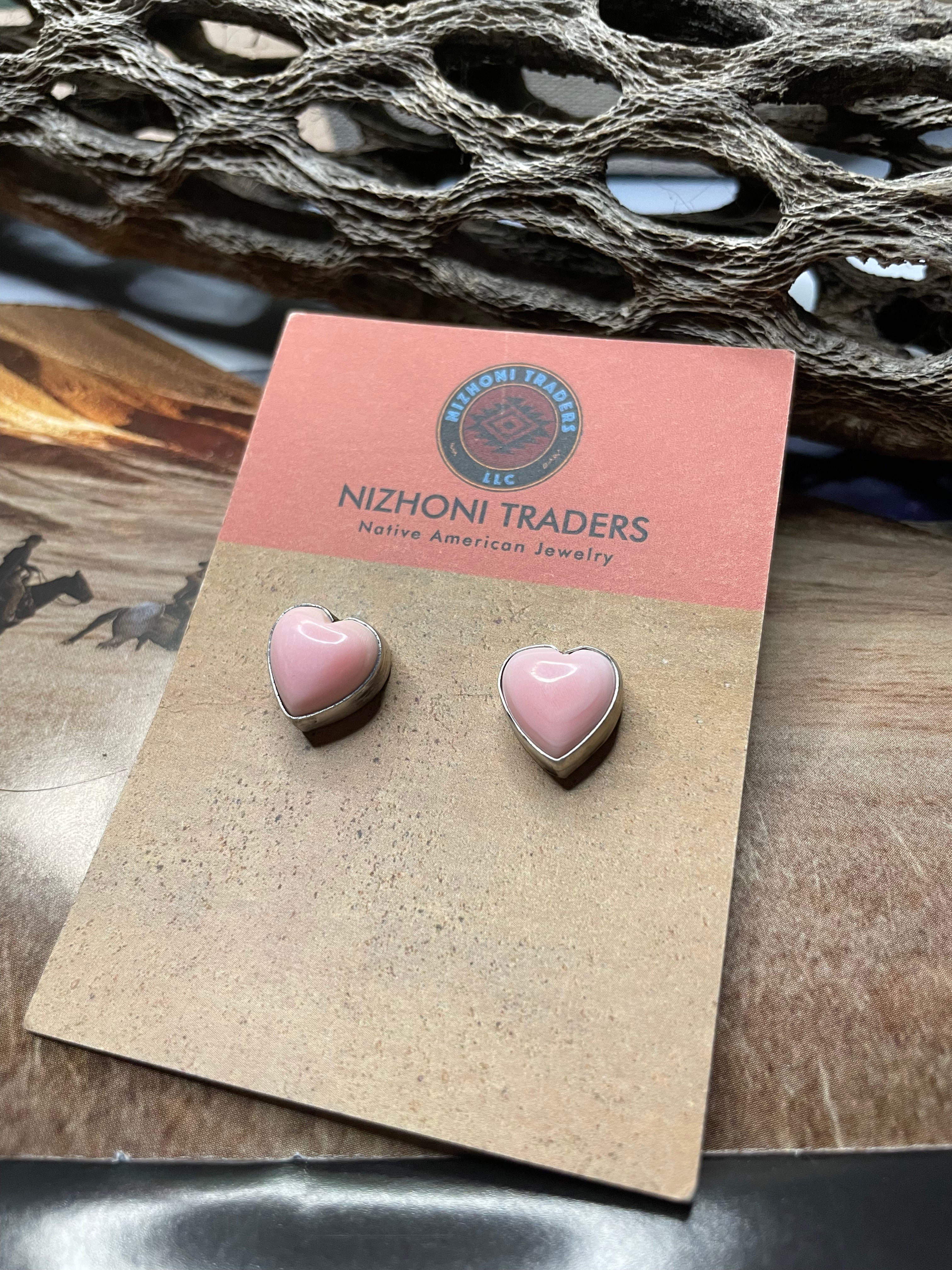 Handcrafted Sterling Silver Pink Conch Heart Stud Earrings