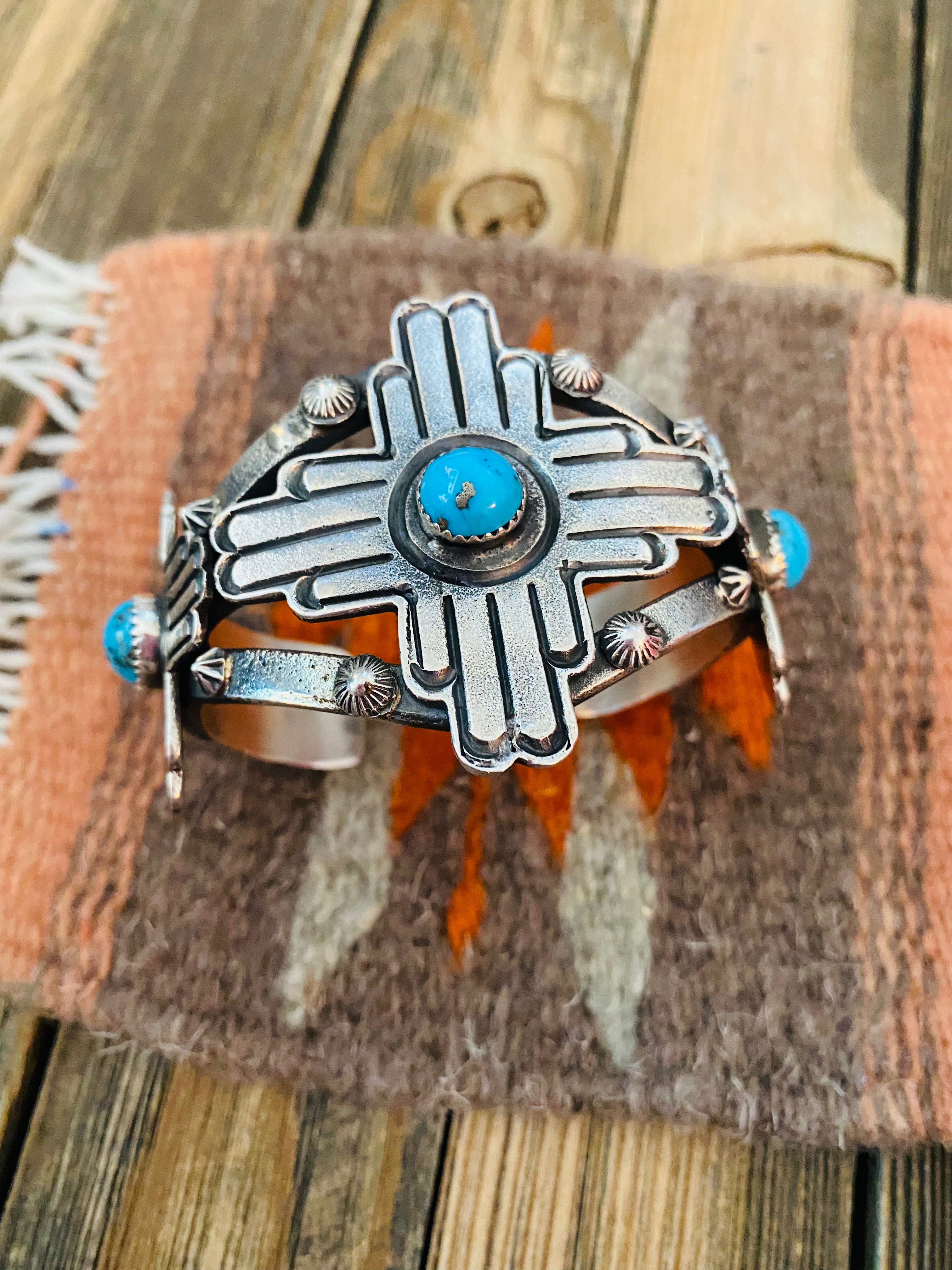 Handcrafted Sterling Silver & Kingman Turquoise Cross Cuff Bracelet By Kevin Billah /