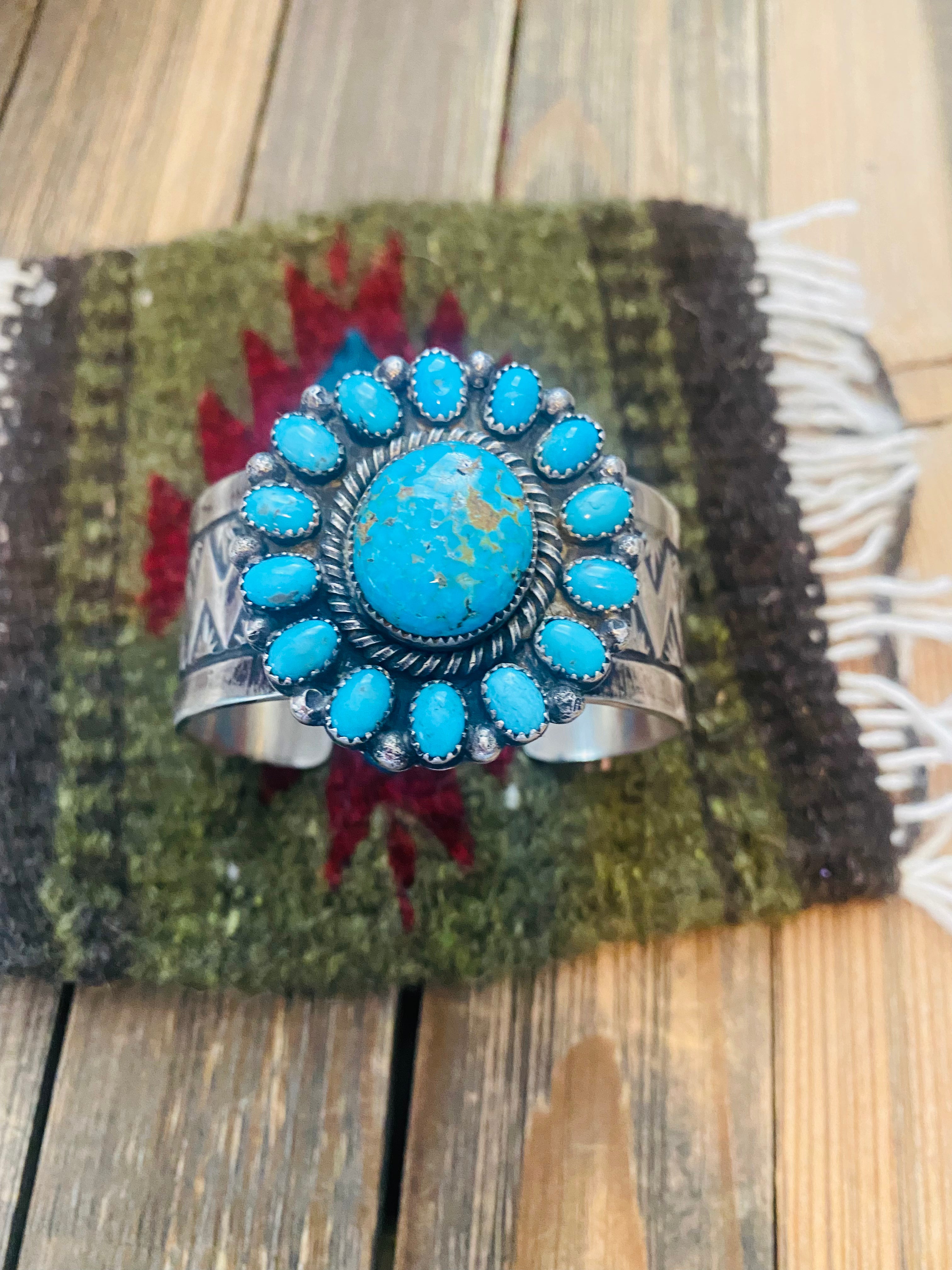 Handcrafted Kingman Turquoise And Sterling Silver Cluster Cuff Adjustable Bracelet /