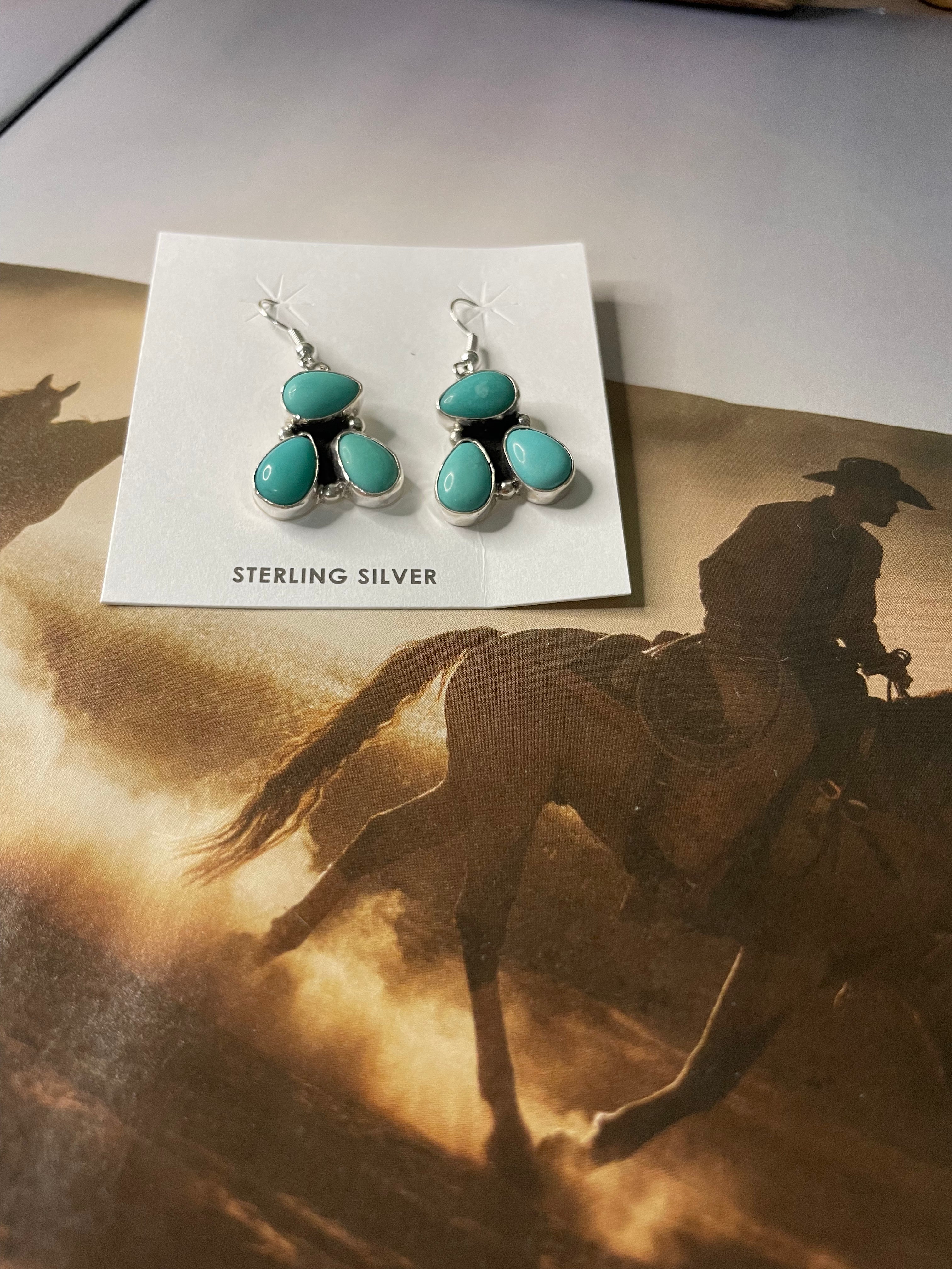 Handcrafted Turquoise And Sterling Silver 3 Stone Dangle Earrings Signed