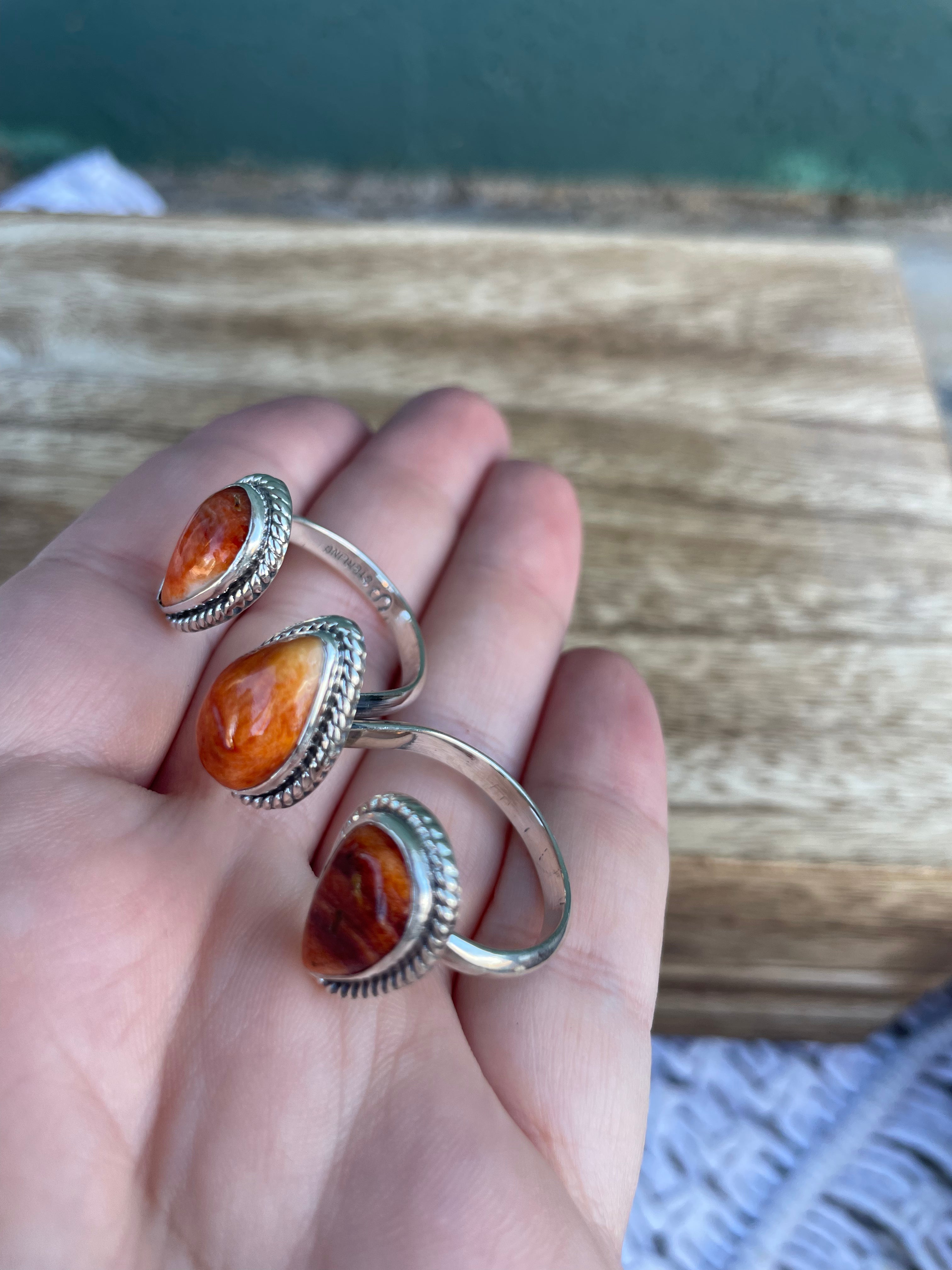 Handcrafted Sterling Silver And Light Orange Spiny Adjustable Triple Threat Knuckler Ring