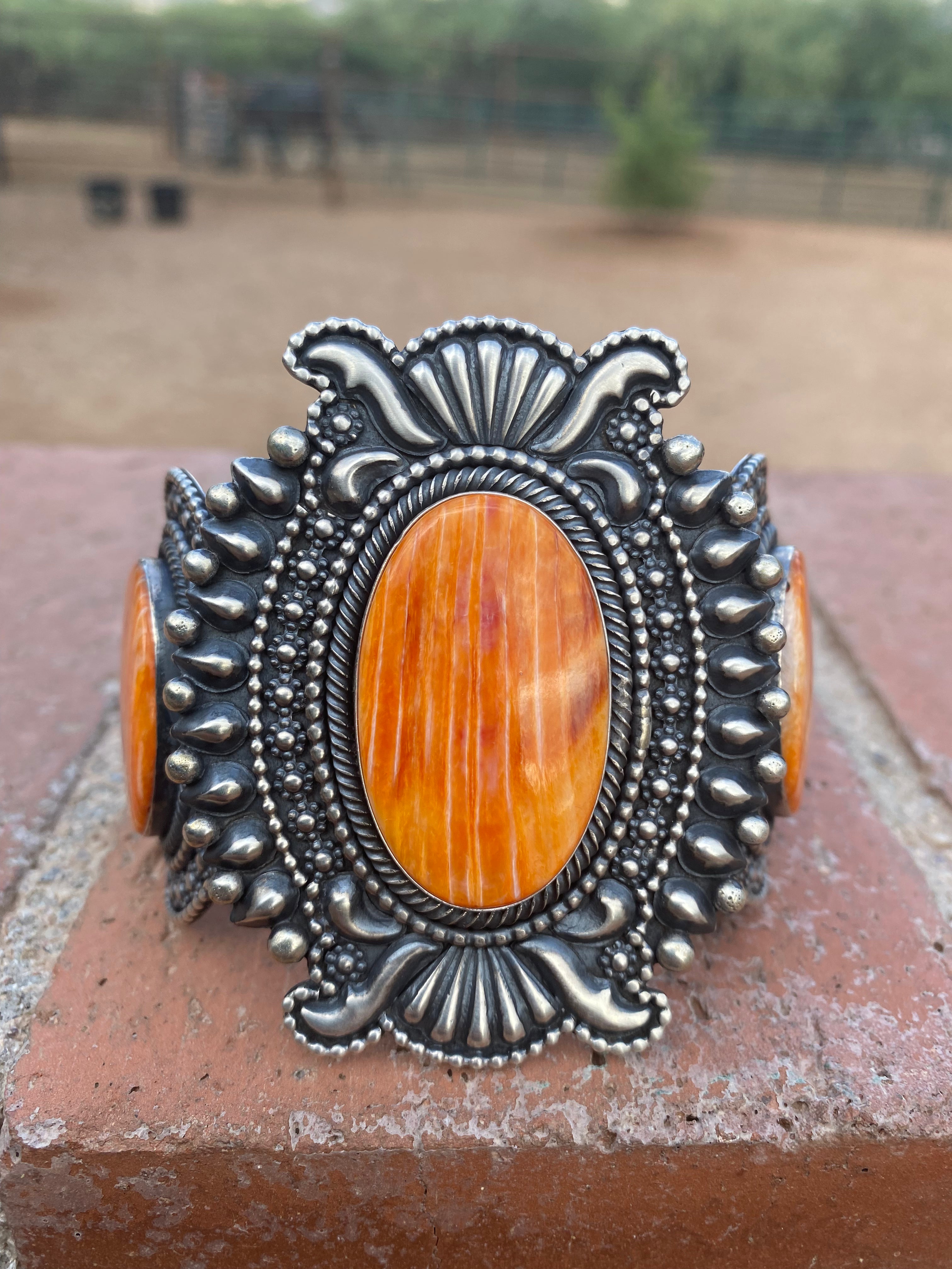Beautiful Navajo Orange Spiny & Sterling Silver Cuff Bracelet Signed