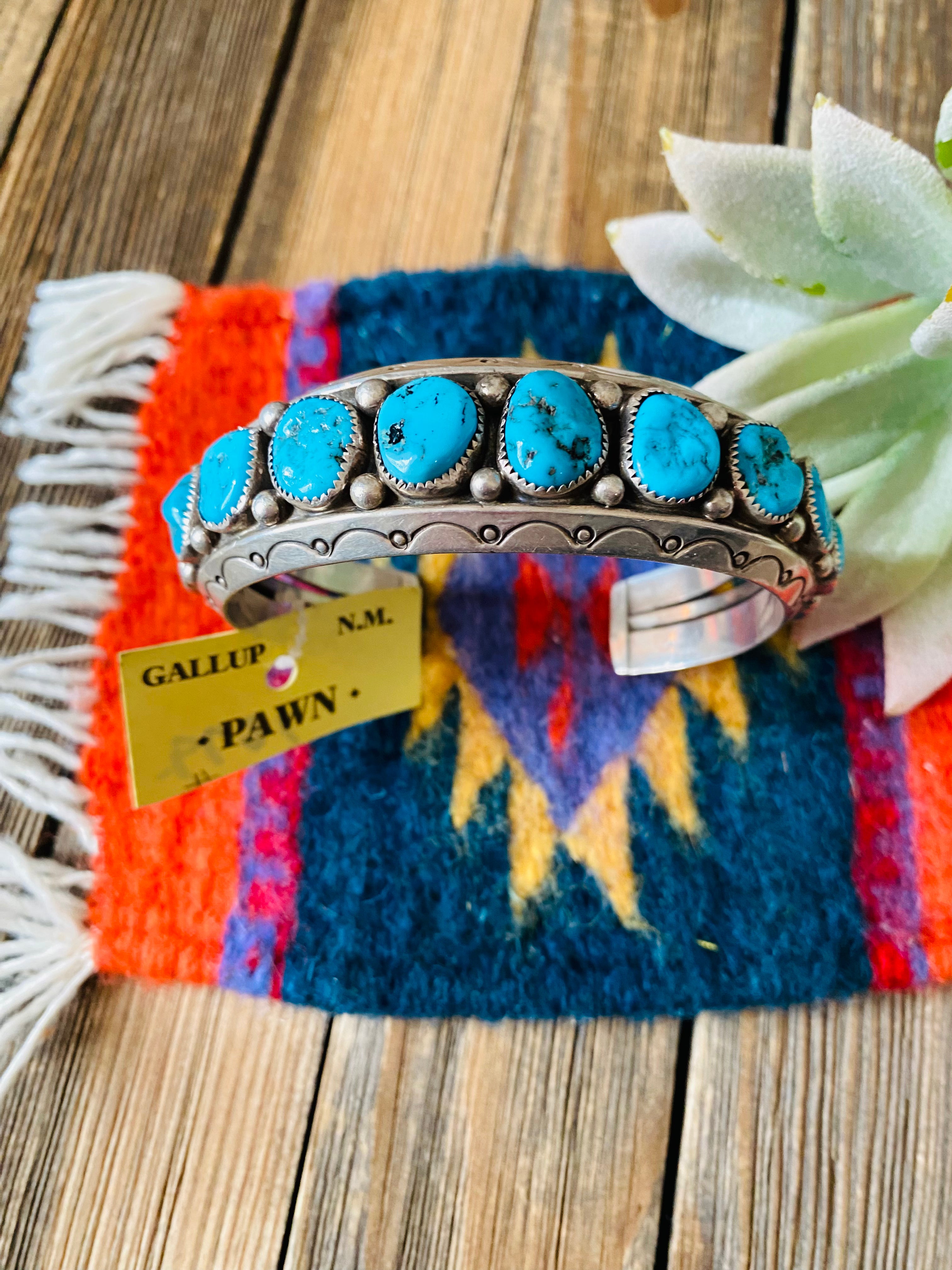 Navajo Old Pawn Vintage Kingman Turquoise & Sterling Silver Cuff Bracelet /