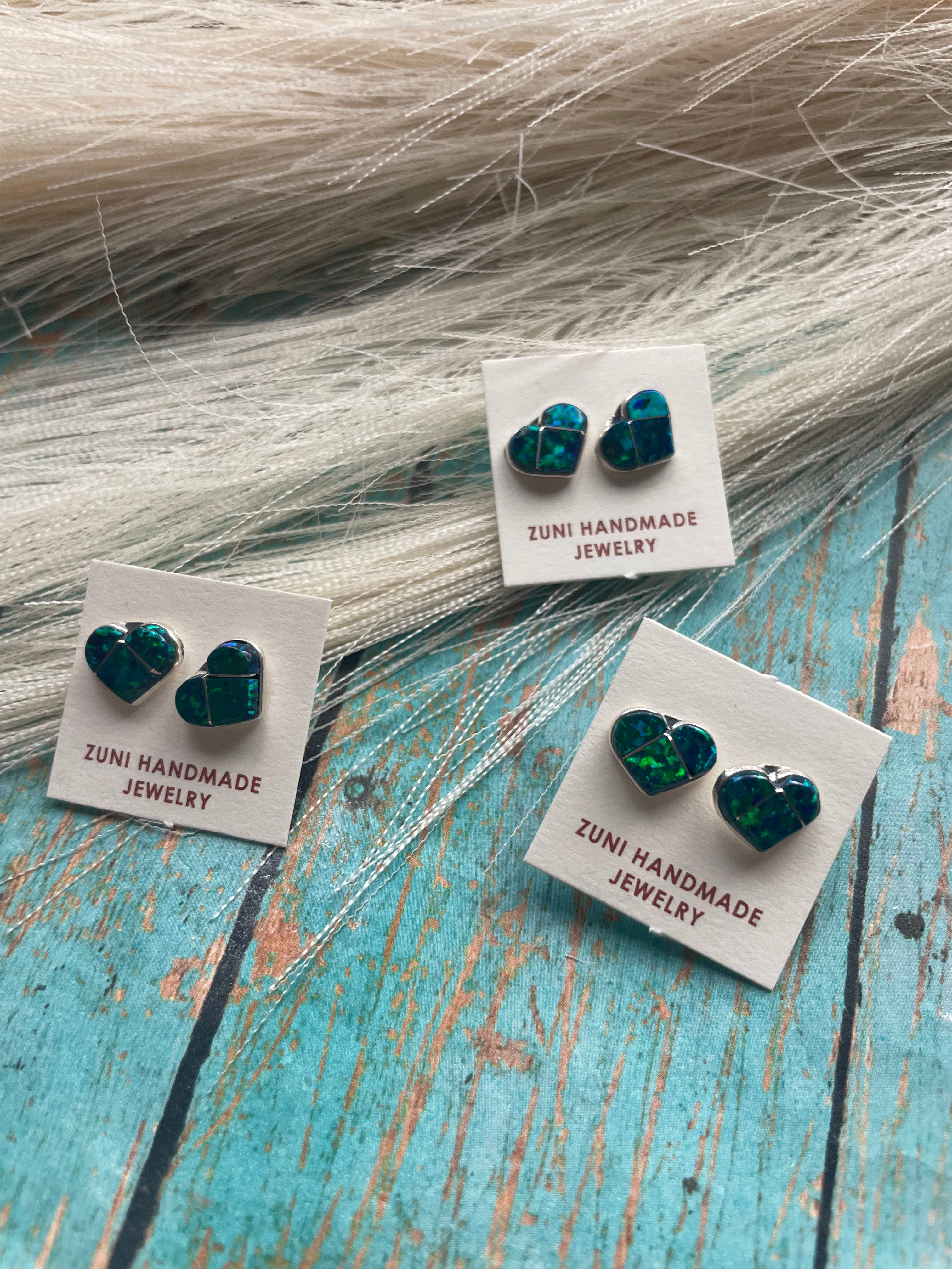 Zuni Sterling Silver & Dark Green Opal Inlay Heart Stud Earrings