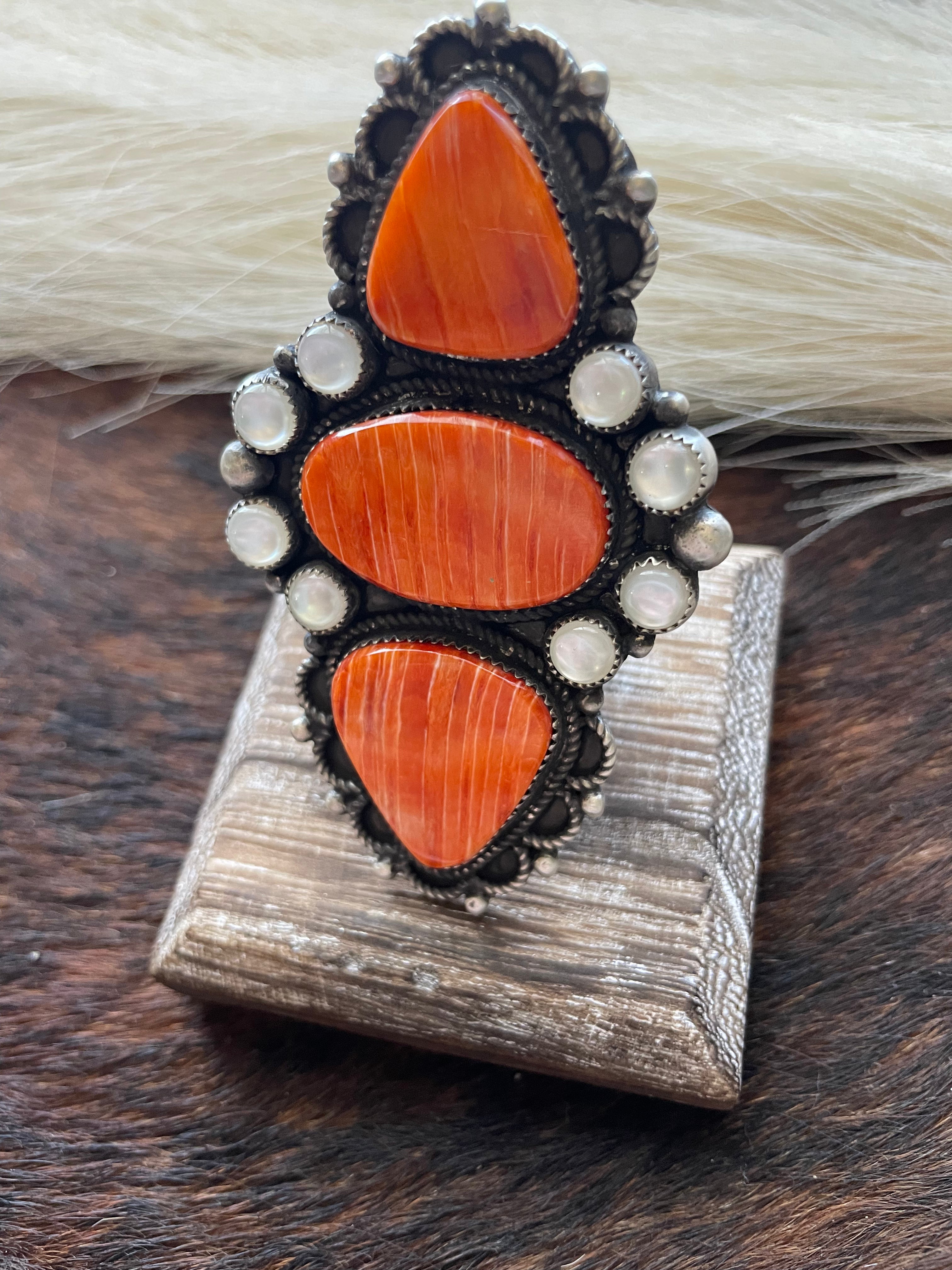 Devon Brown Navajo Sterling, Mother of Pearl Orange Spiny ring adjustable